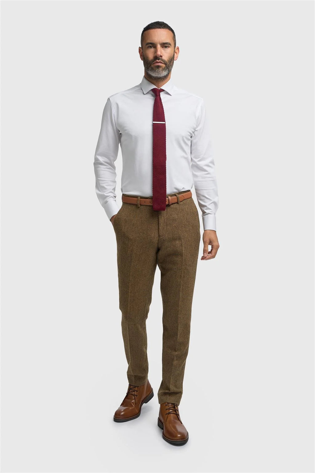 Men’s Brown Herringbone Wool Tweed Trousers Thomas Model Picture