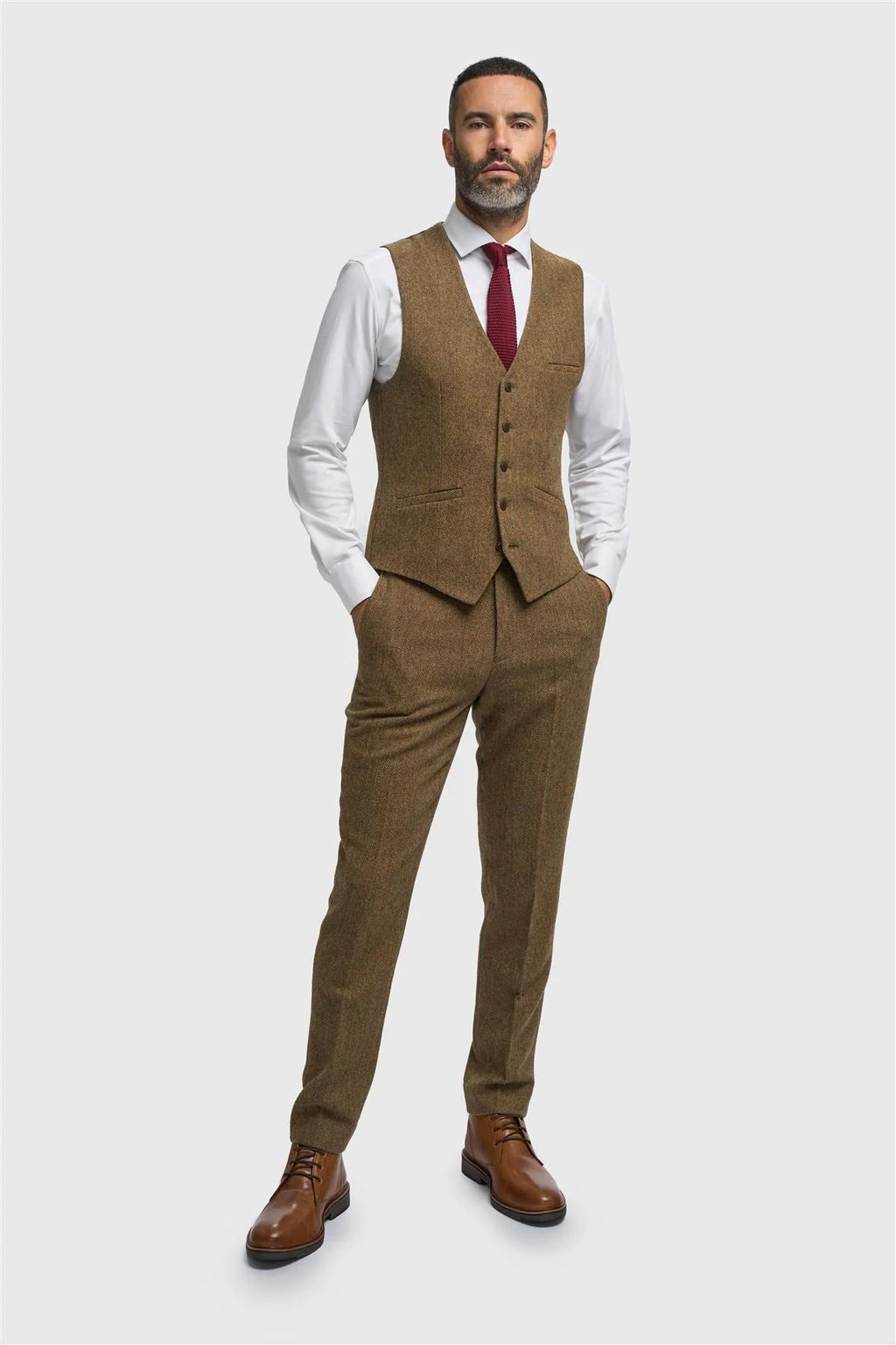 Men’s Brown Herringbone Wool Tweed Waistcoat Thomas Front Picture