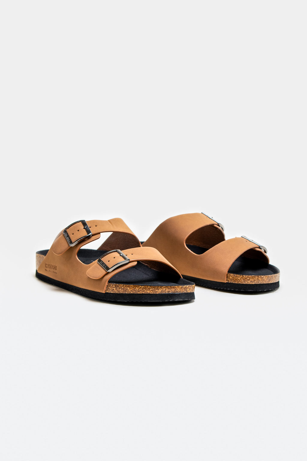 Men's tan brown buckle-strap cork slider sandals, DAYTONA.