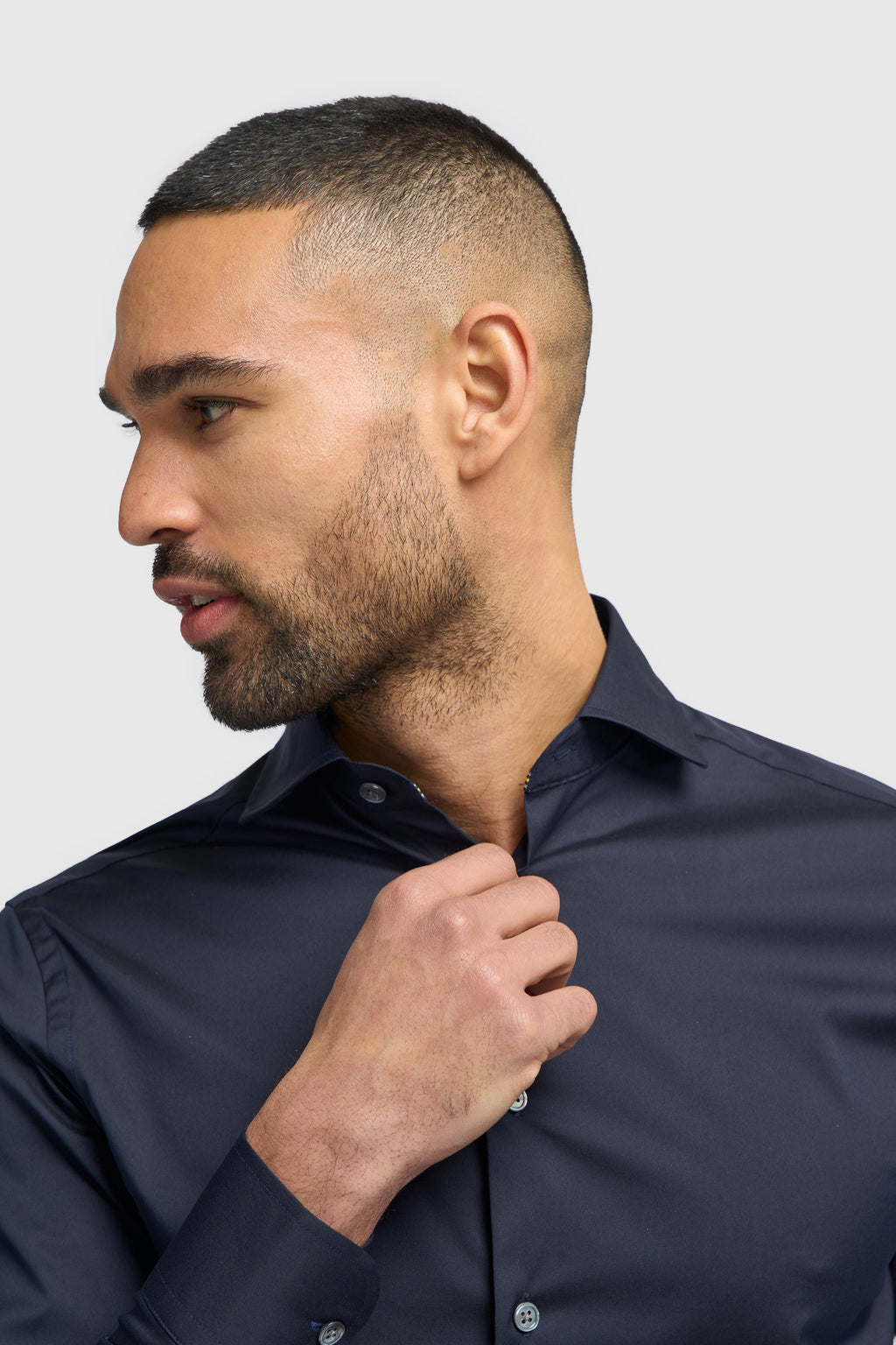 Men's Cotton Blend Slim Fit Dress Shirt - MONACO - Navy Blue Detail Picture