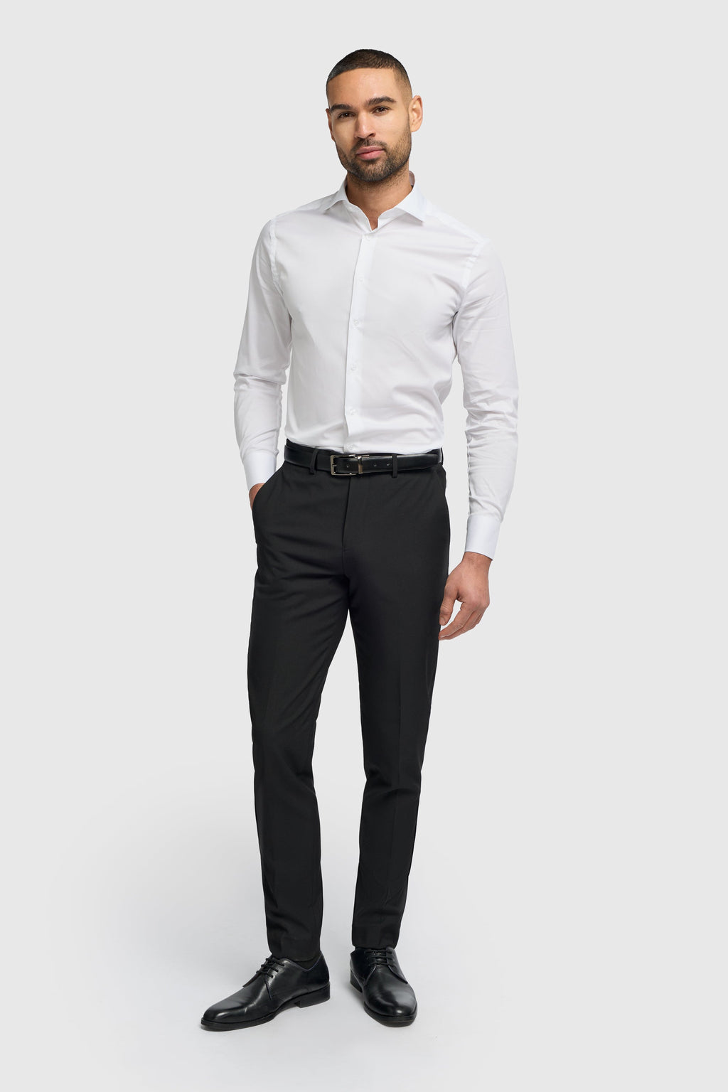 Men's Cotton Blend Slim Fit Dress Shirt - MONACO - White Model Front Picture