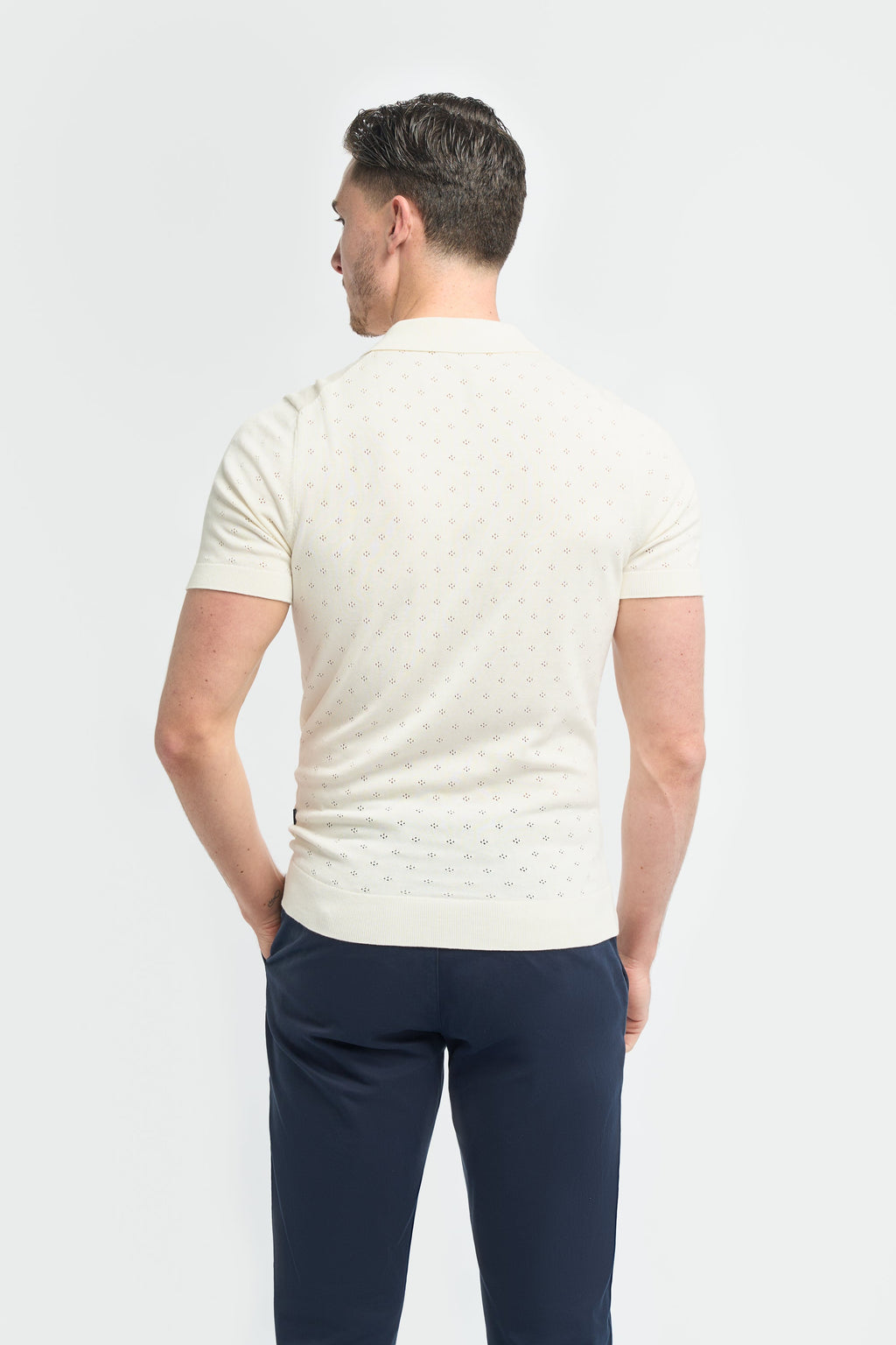 Men’s Cotton Knit Polo T-Shirt with Johnny Collar - Alfan - Ecru Model Back Picture