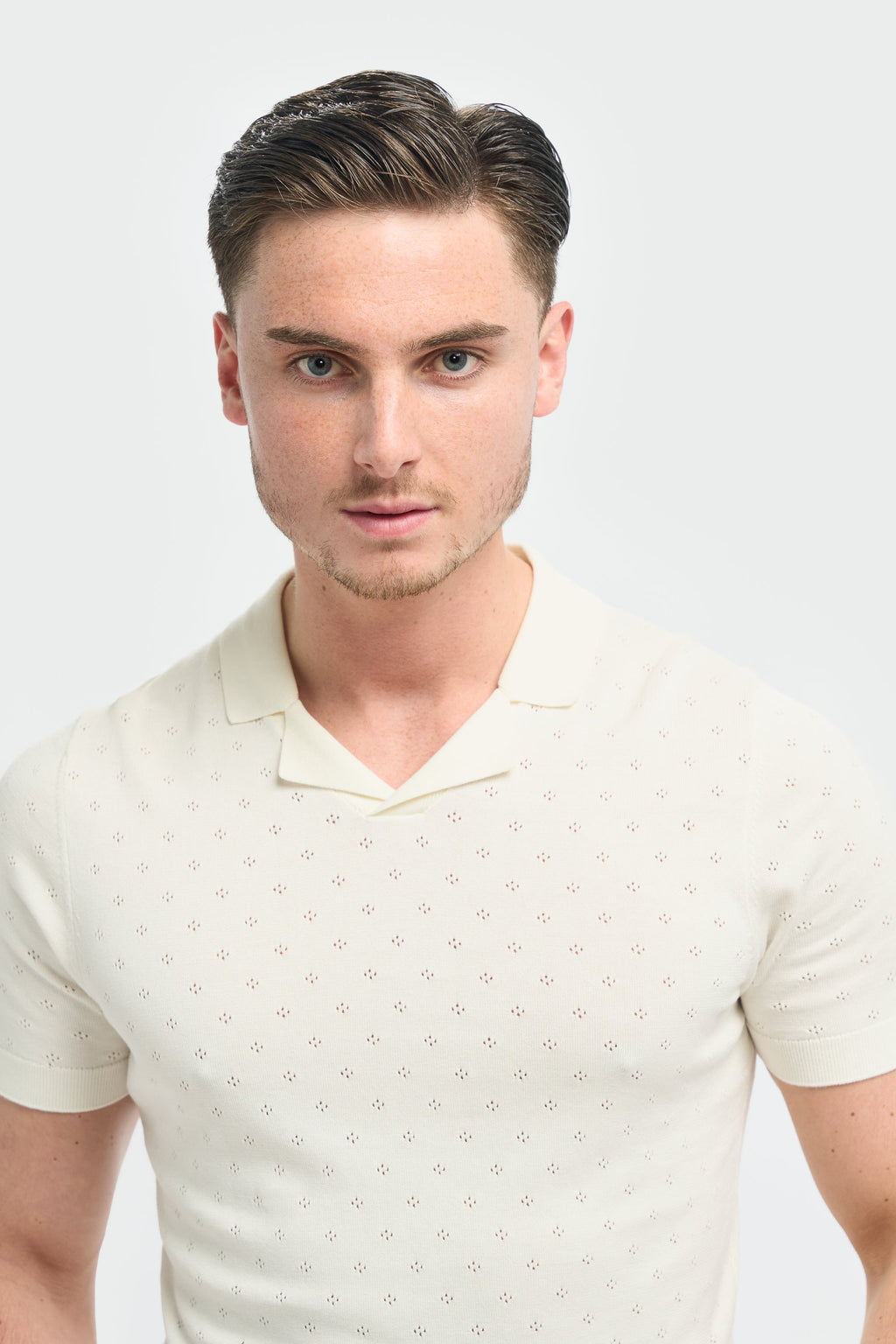 Men’s Cotton Knit Polo T-Shirt with Johnny Collar - Alfan - Ecru