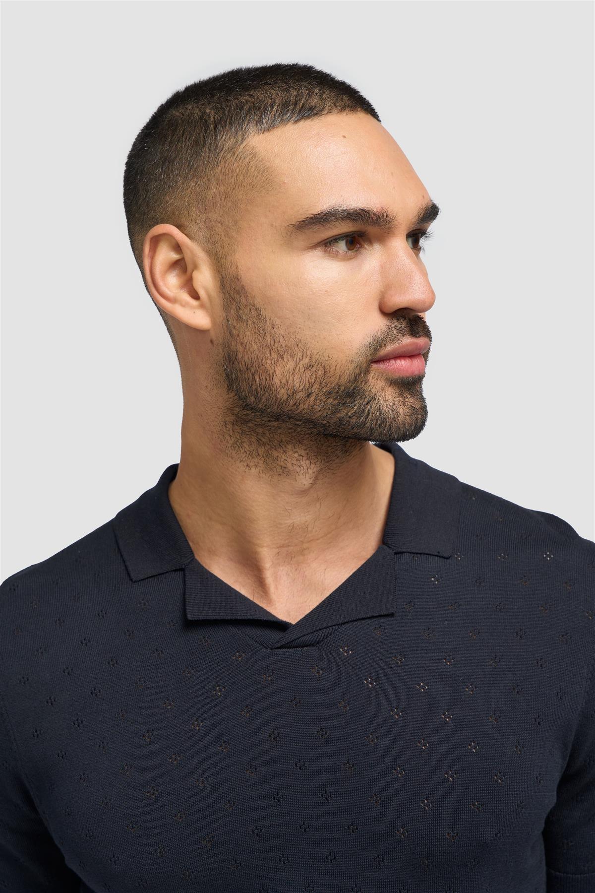 Mens Navy Cotton Knit Polo T Shirt with Johnny Collar ALFAN