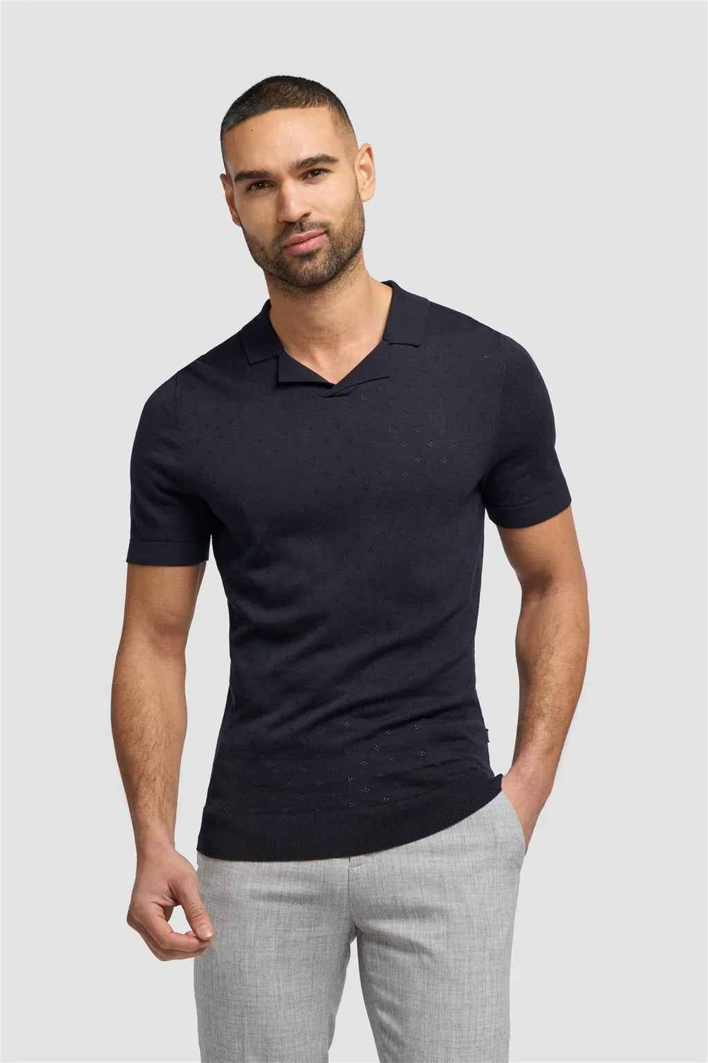 Men’s cotton knit polo shirt with Johnny collar, short sleeve