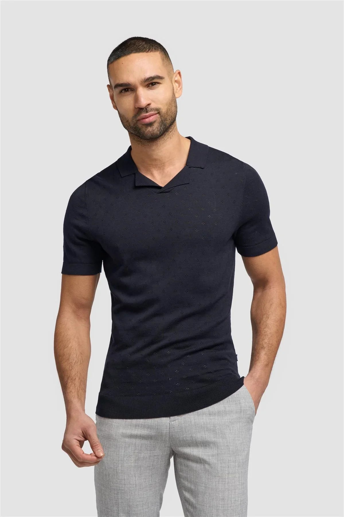Men’s cotton knit polo shirt with Johnny collar, short sleeve
