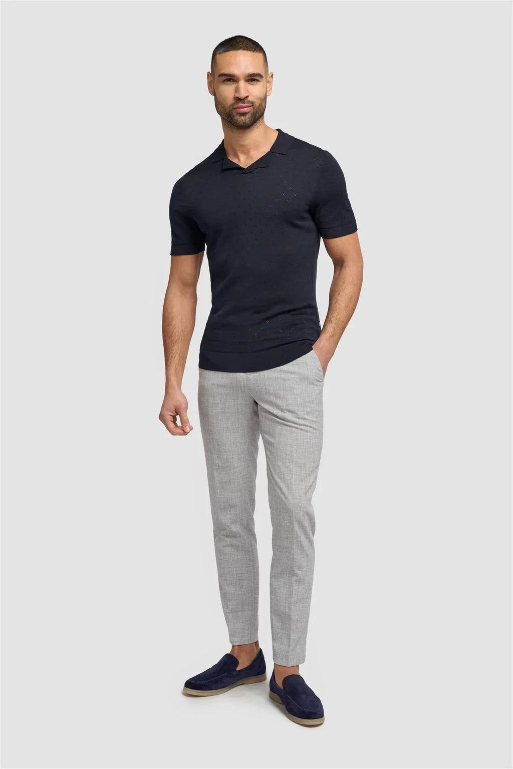 Mens Navy Cotton Knit Polo T Shirt with Johnny Collar ALFAN