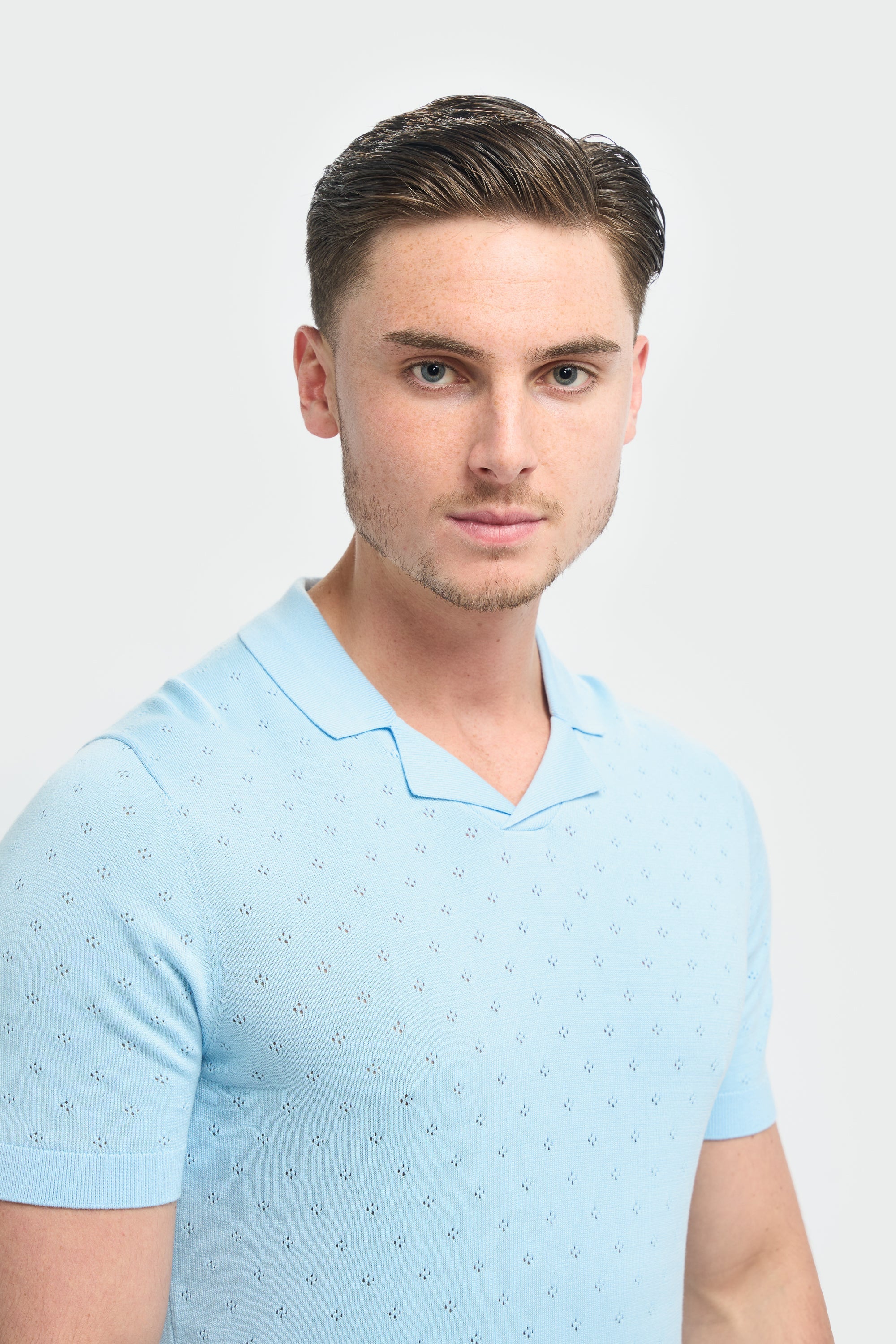 Men’s Cotton Knit Polo T-Shirt with Johnny Collar - Alfan - Sky Blue Detail Picture
