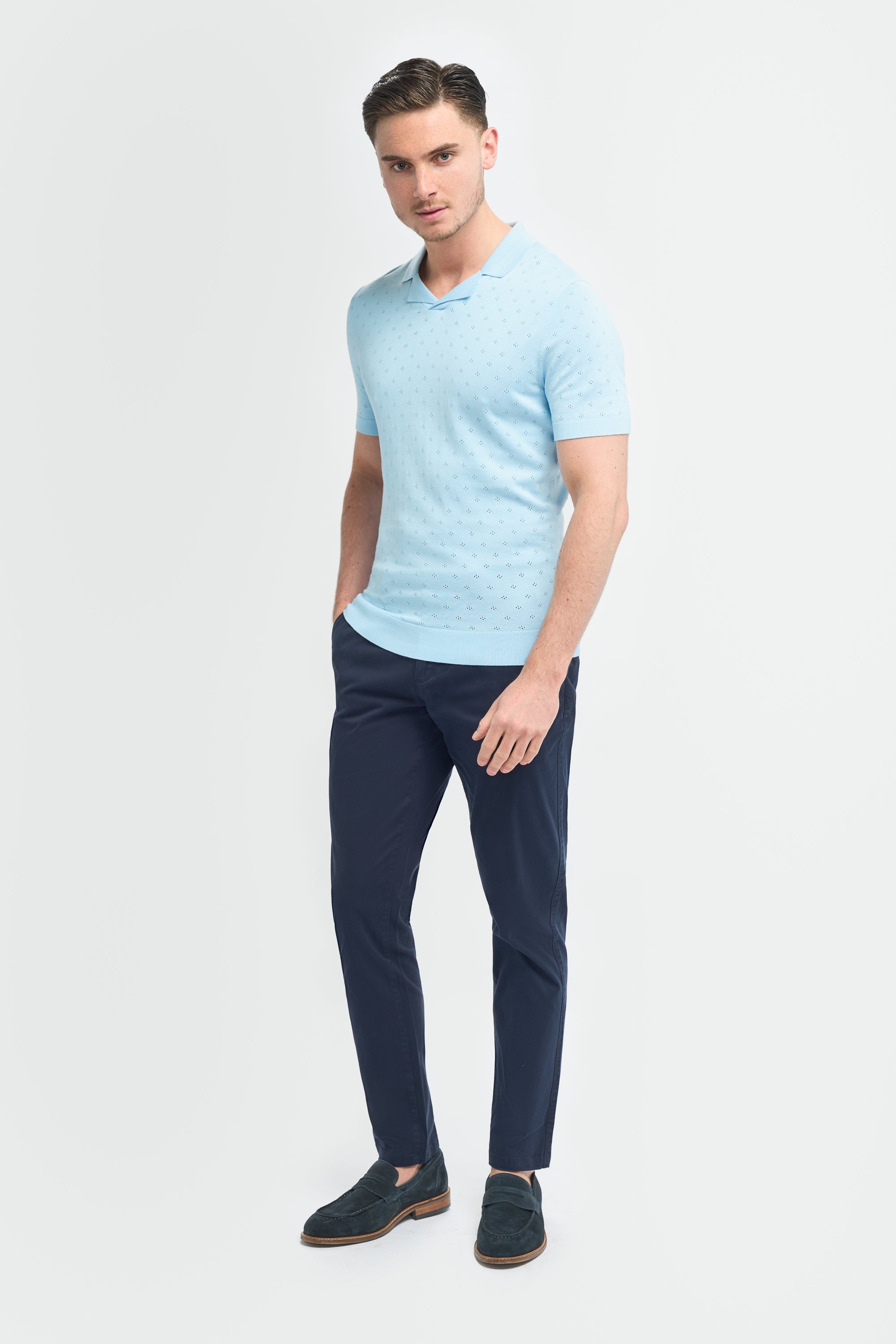 Men’s Cotton Knit Polo T-Shirt with Johnny Collar - Alfan - Sky Blue Model Front Picture