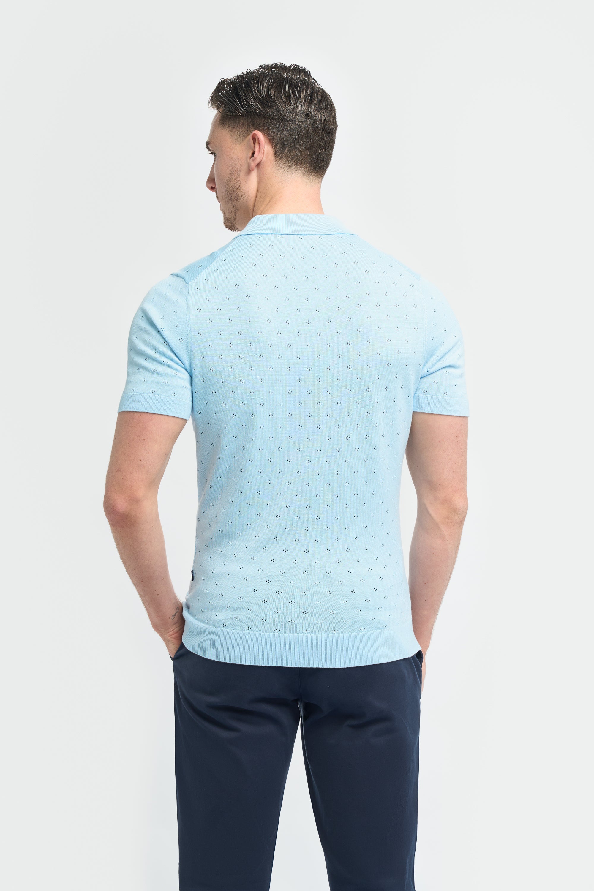 Men’s Cotton Knit Polo T-Shirt with Johnny Collar - Alfan - Sky Blue Back Picture
