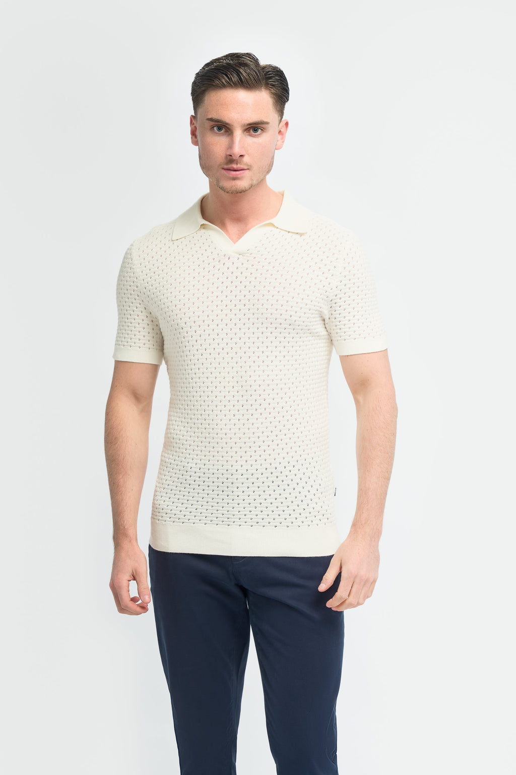 Men’s knit V-neck cotton polo shirt, short sleeve