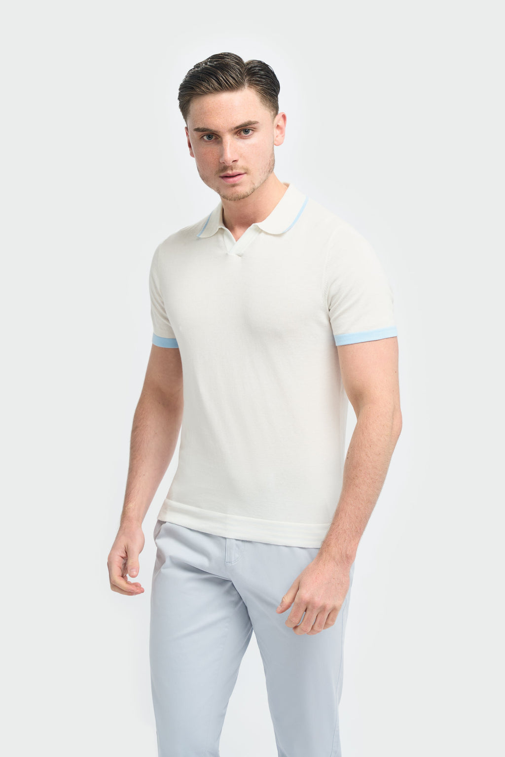 Men’s cotton knit V-neck polo T-shirt, short sleeve