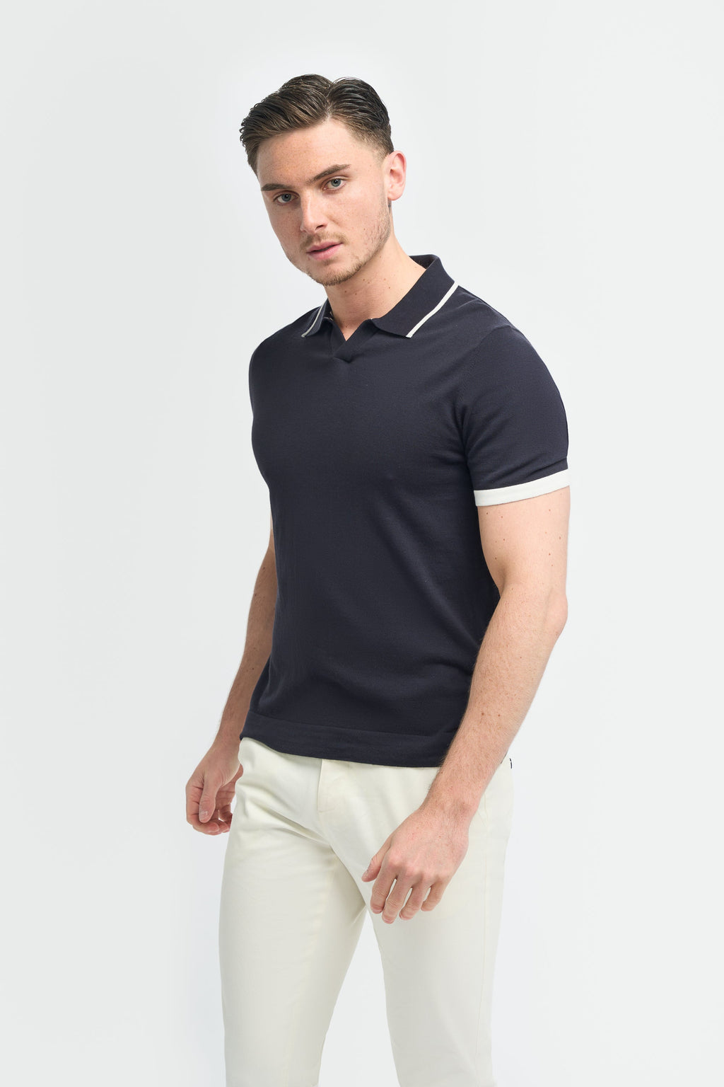 Men’s cotton knit V-neck polo T-shirt, short sleeve