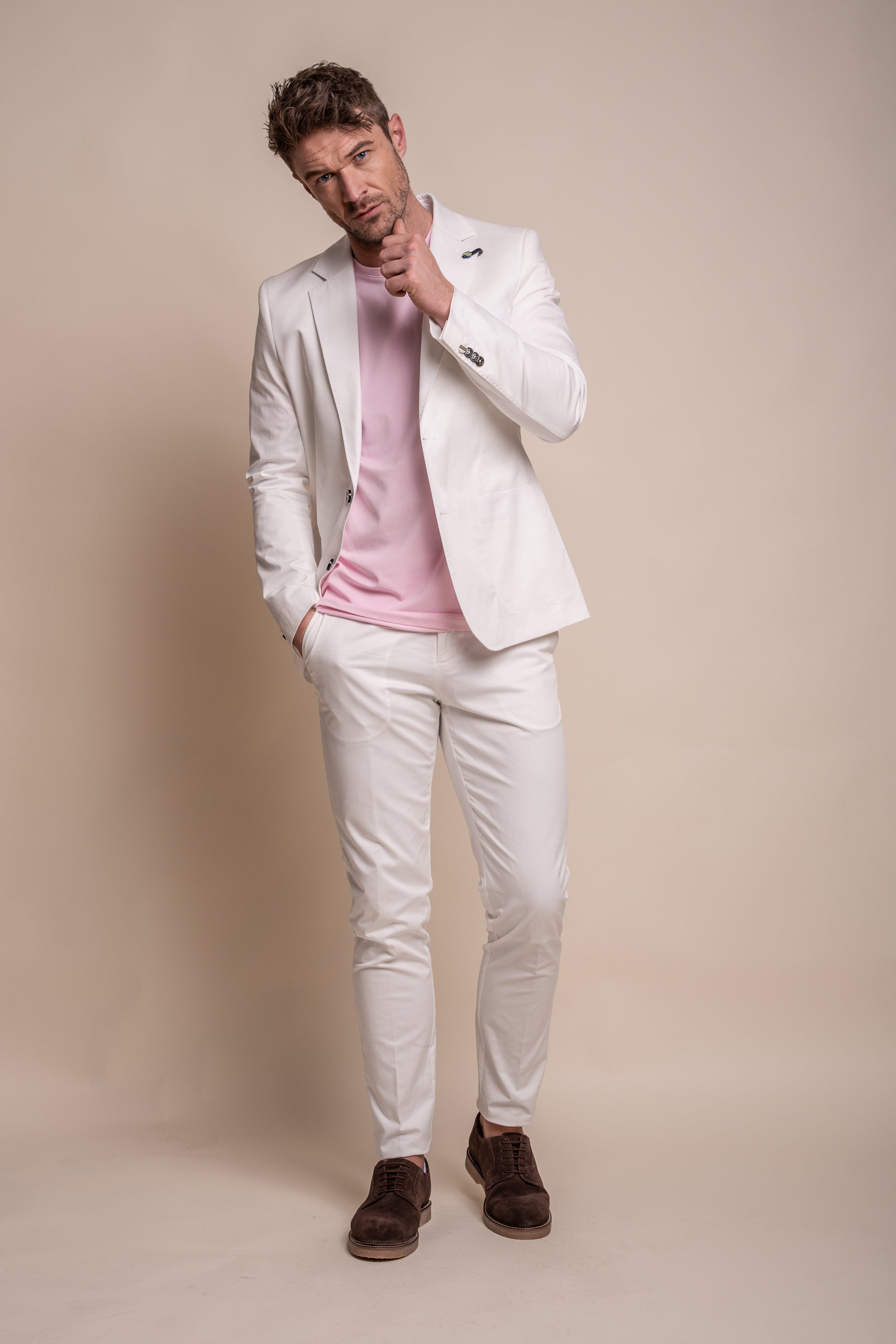 Men's Cotton Slim Fit Formal Trousers  - MARIO - Ecru