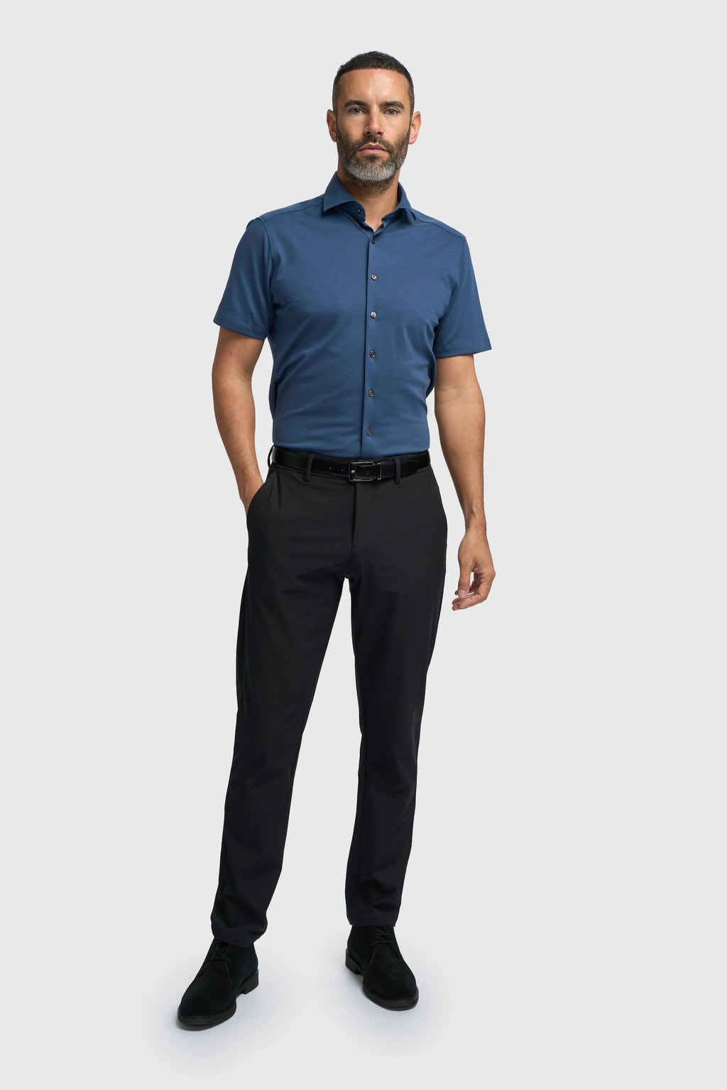 Men's Cotton Slim Fit Short Sleeve Shirt - Ashley - Blue Model Front Picture