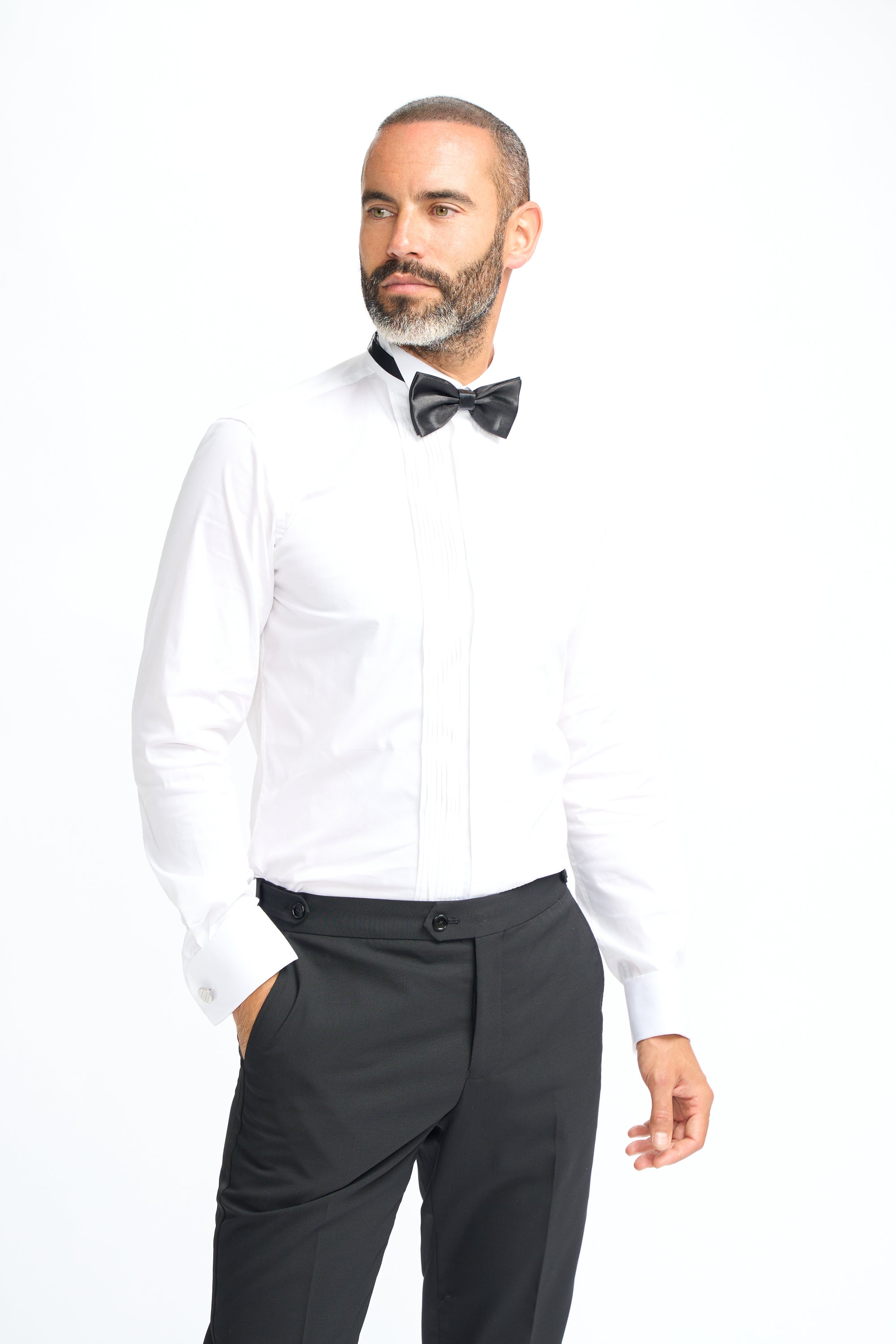 Men’s white pleated tuxedo shirt double cuff classic