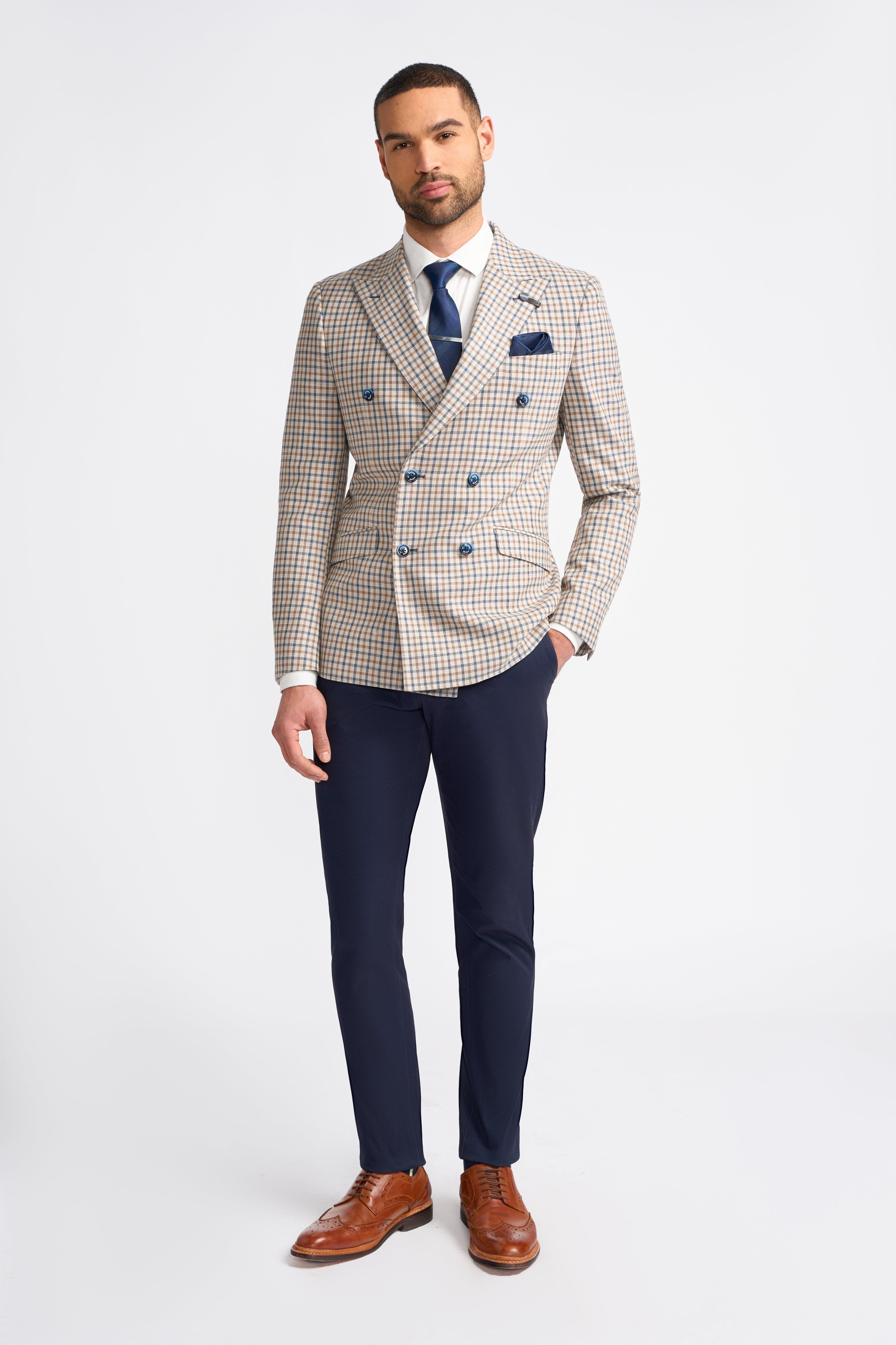 Men’s Double Breasted Checkered Beige Plaid Blazer – SERGIO - Beige