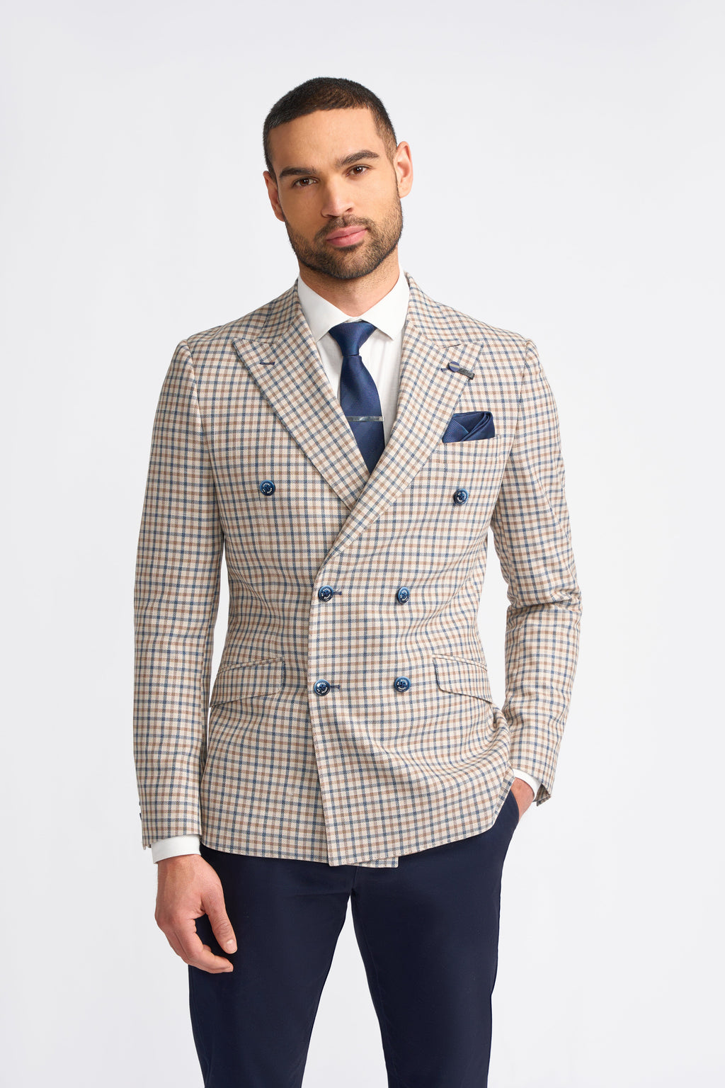 Men’s Double Breasted Checkered Beige Plaid Blazer – SERGIO - Beige
