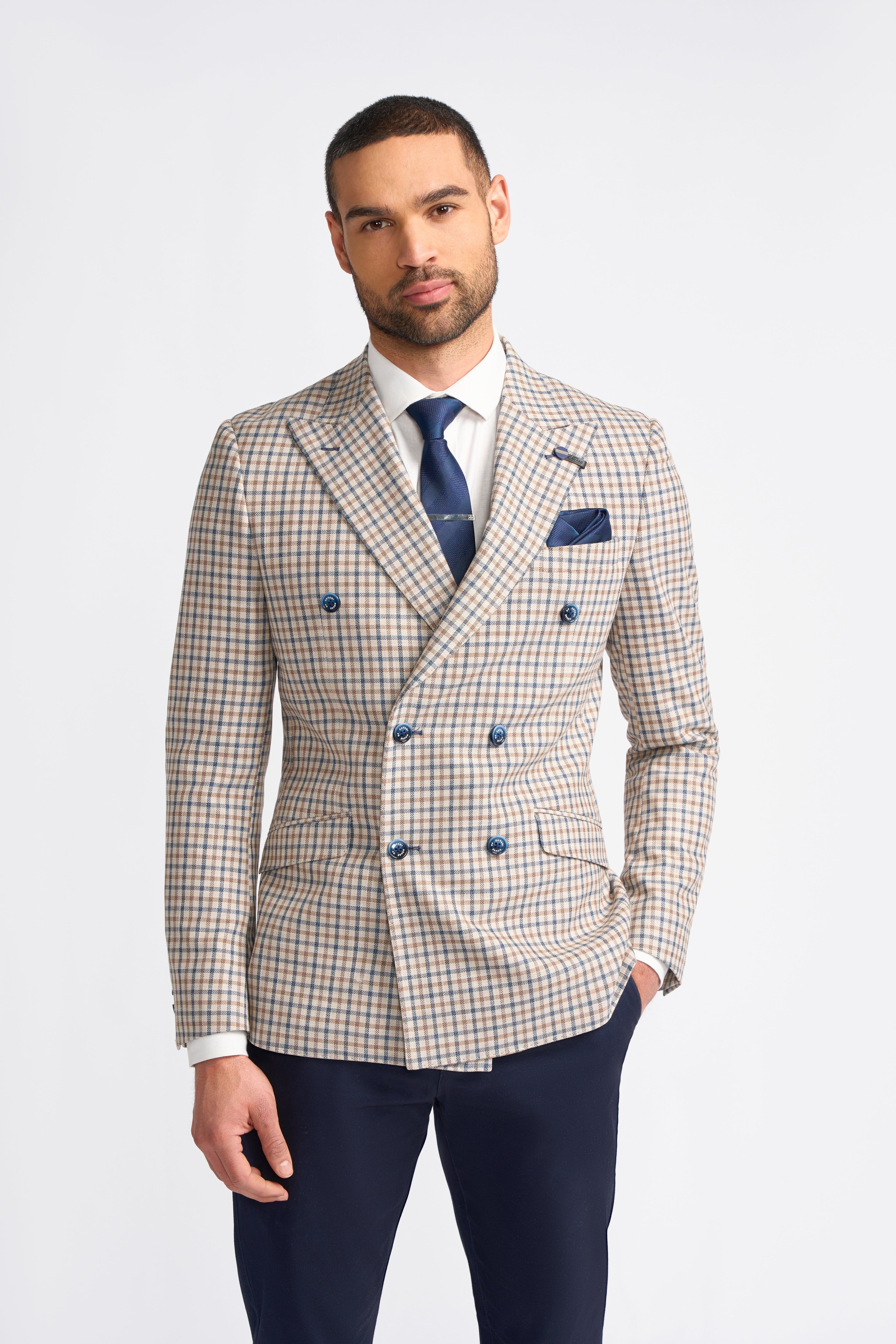 Men’s Double Breasted Checkered Beige Plaid Blazer – SERGIO - Beige