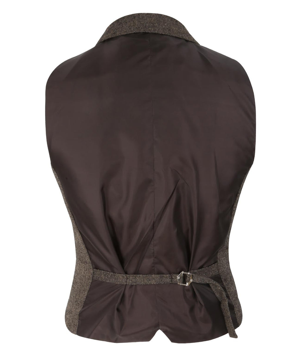 Men's Herringbone Tweed Slim Fit Waistcoat - MARTEZ - Brown Back Picture