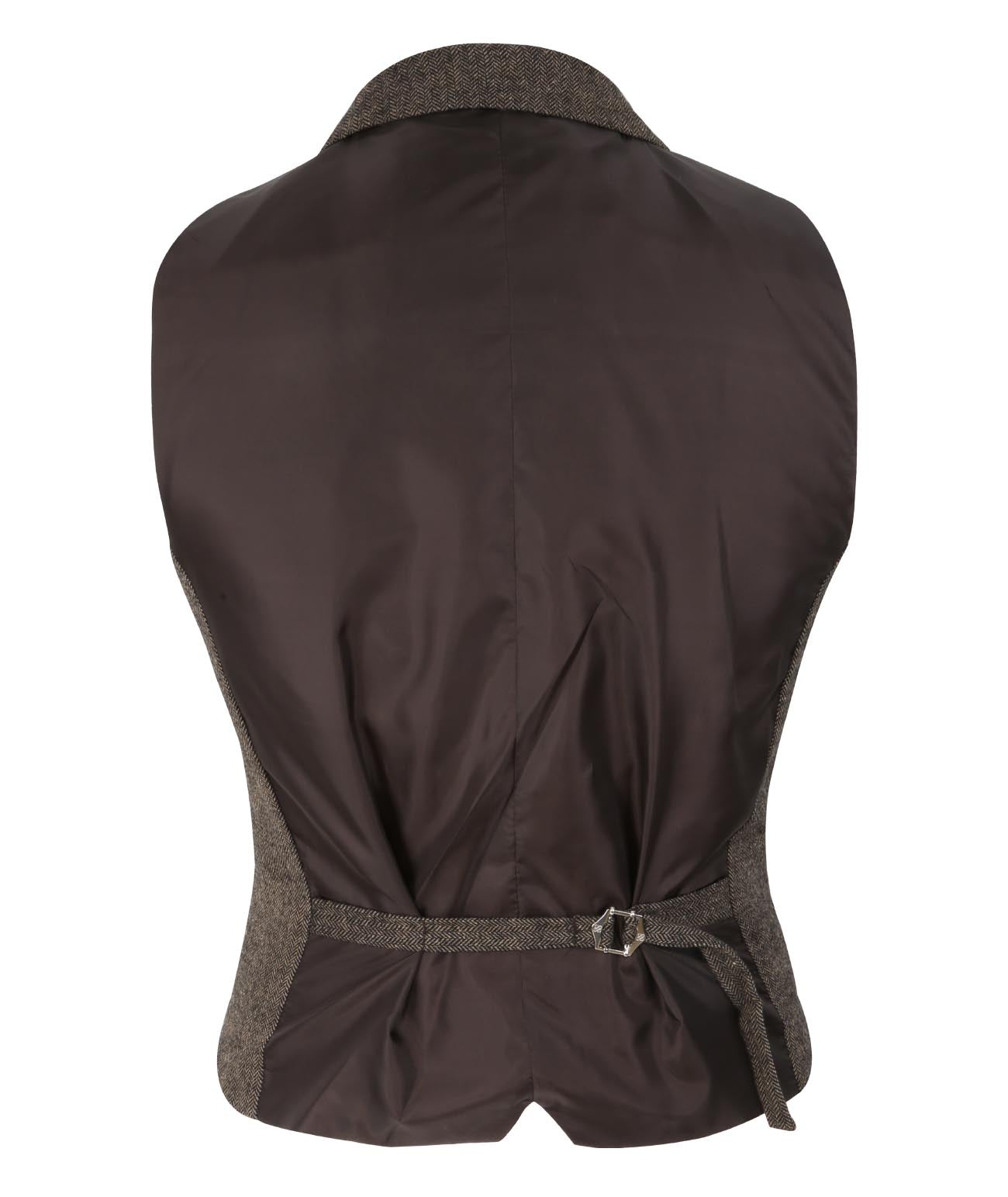 Men's Herringbone Tweed Slim Fit Waistcoat - MARTEZ - Brown Back Picture