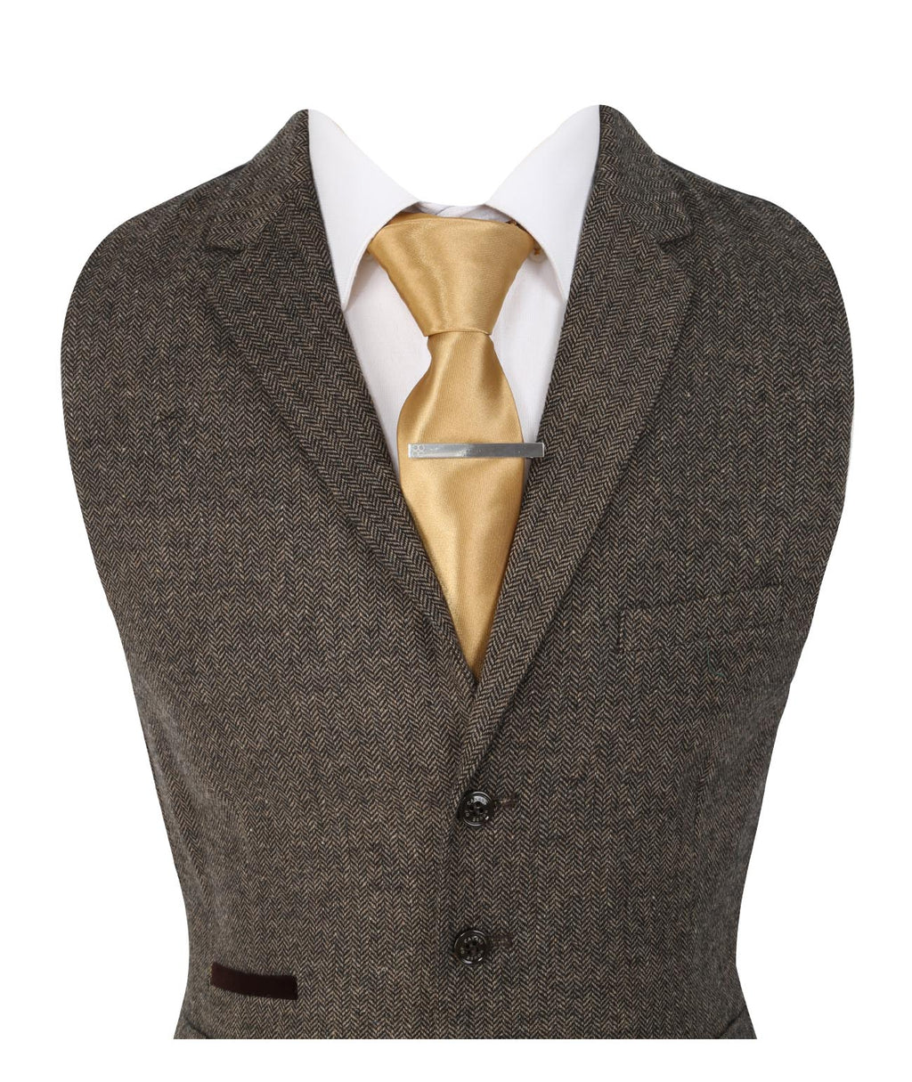 Men's Herringbone Tweed Slim Fit Waistcoat - MARTEZ - Brown Detail Picture