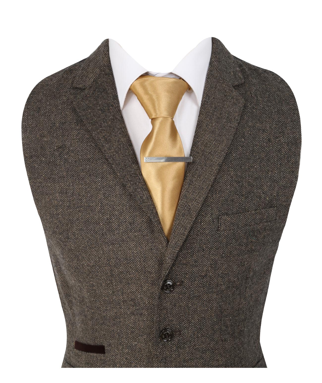 Men's Herringbone Tweed Slim Fit Waistcoat - MARTEZ - Brown Detail Picture