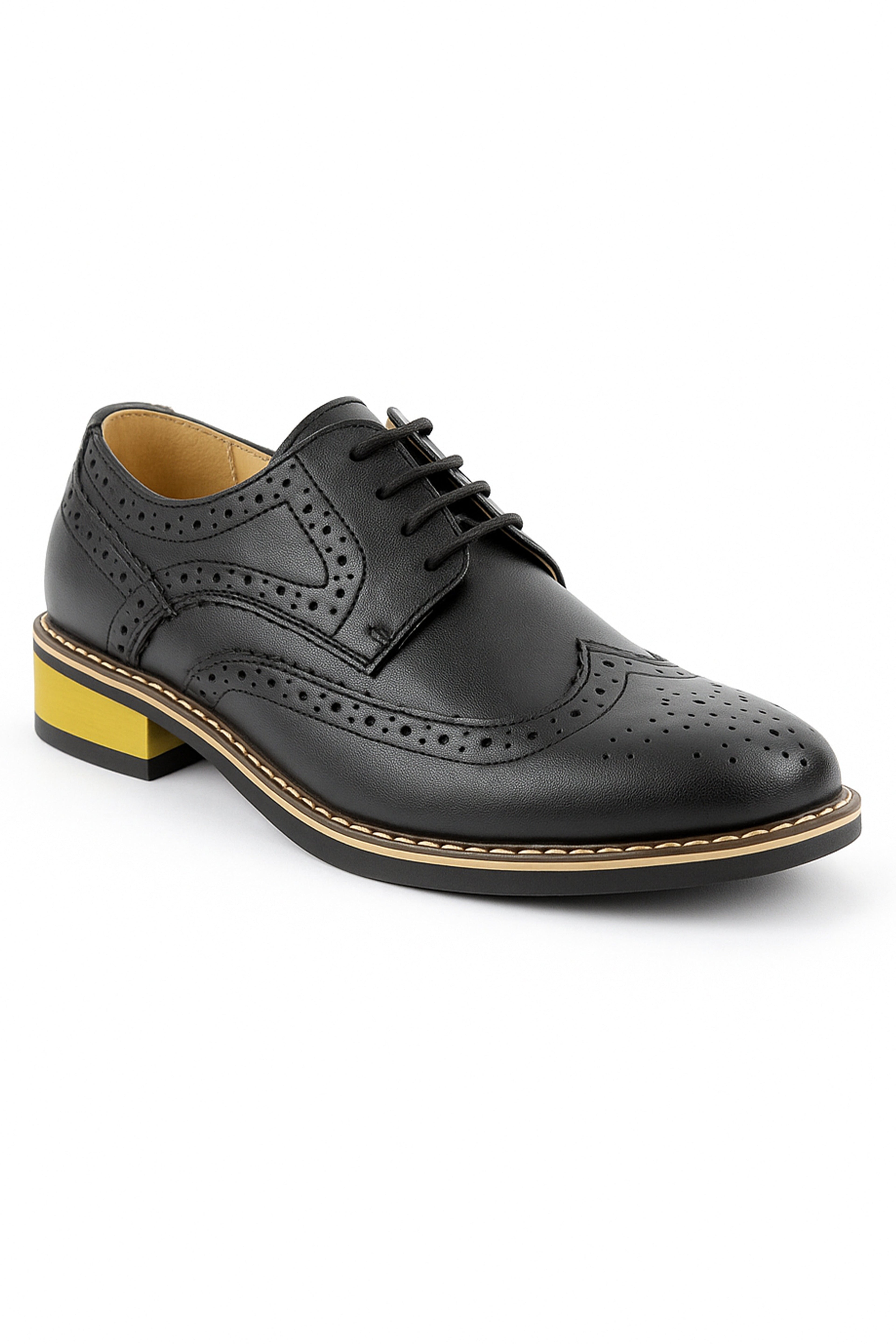 Men's black lace-up leather wingtip brogue shoes.