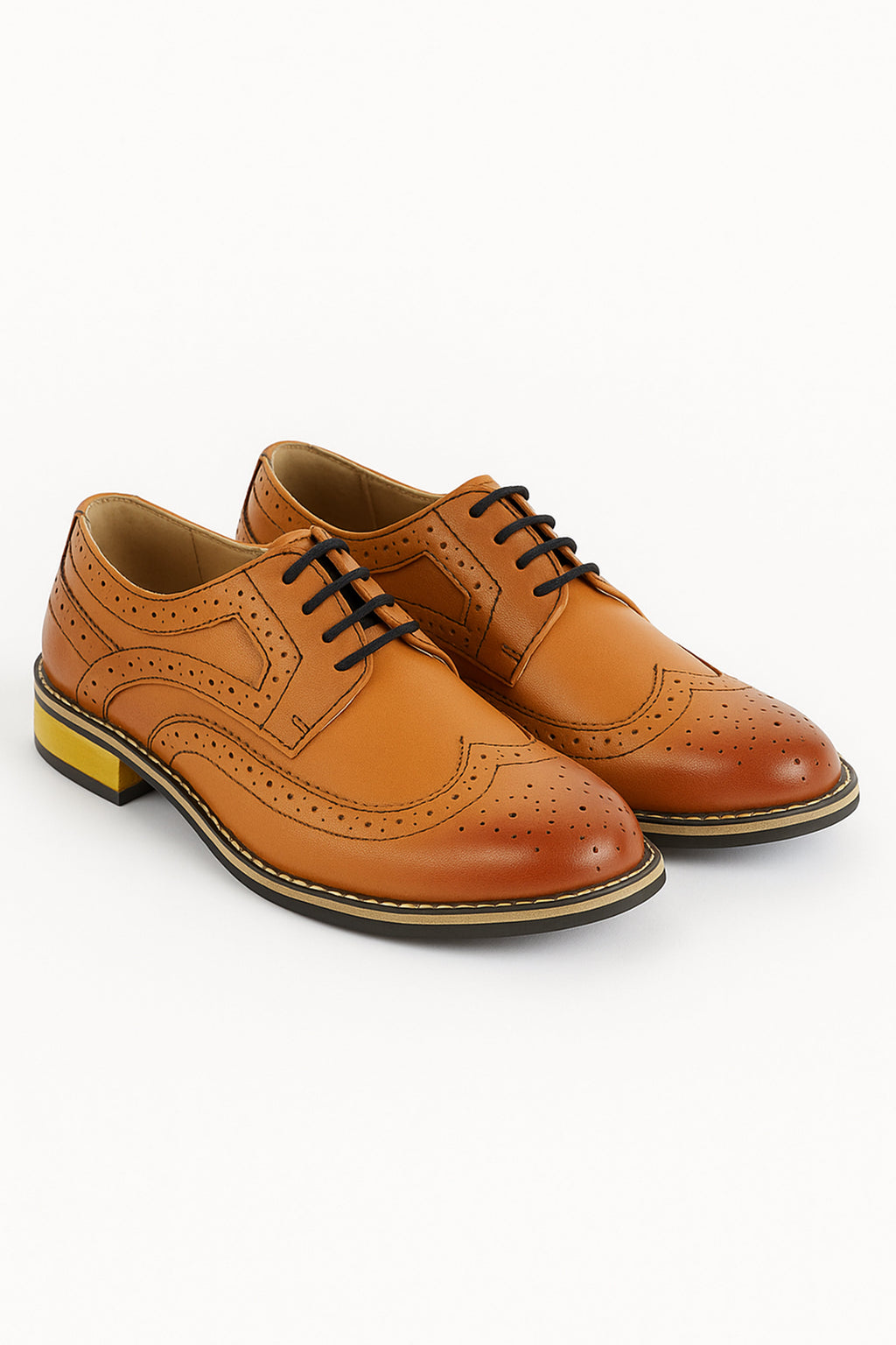Men's Lace Up Leather Wingtip Brogue Shoes - Tan Brown Pair Side Picture
