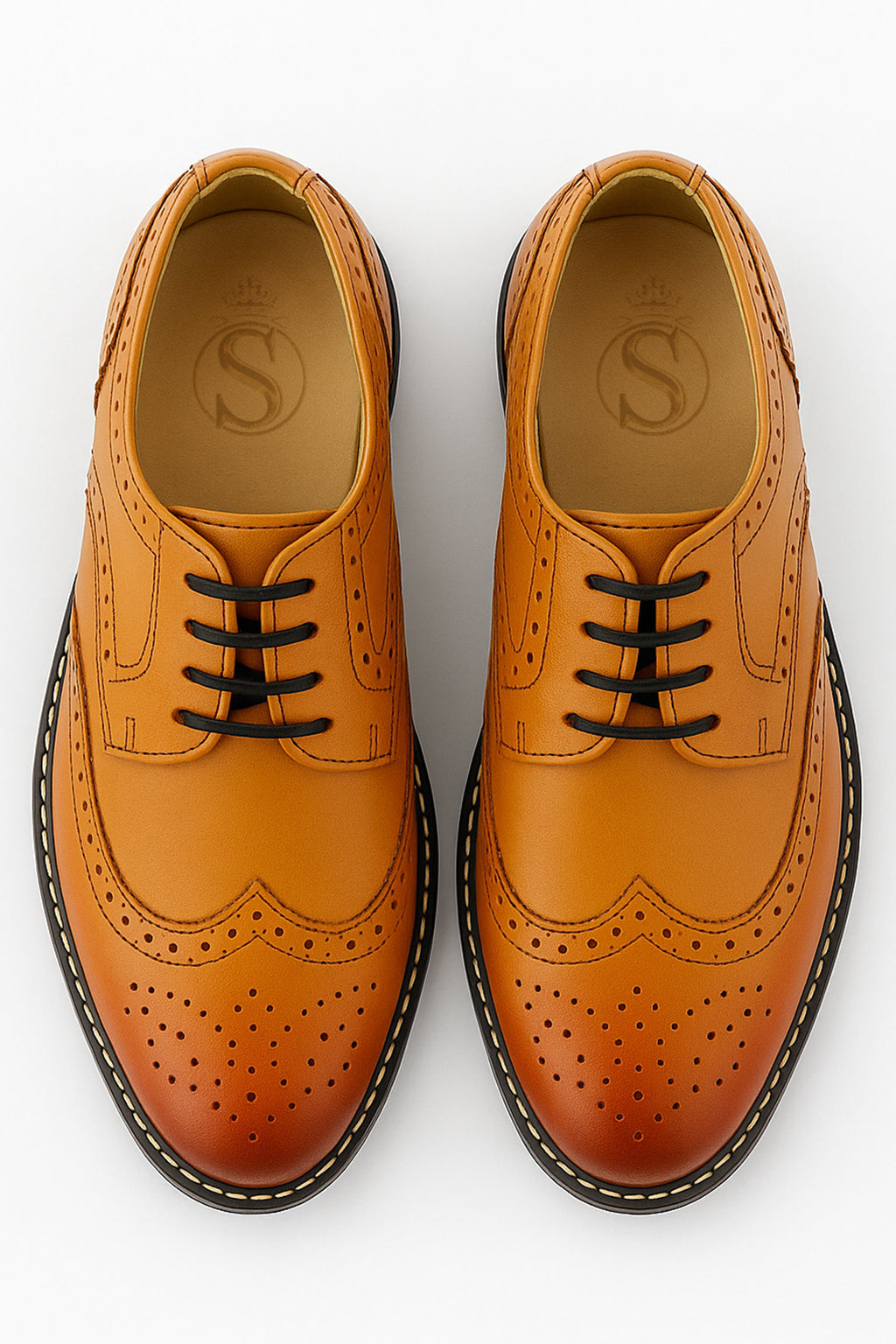 Men's Lace Up Leather Wingtip Brogue Shoes - Tan Brown Front Picture