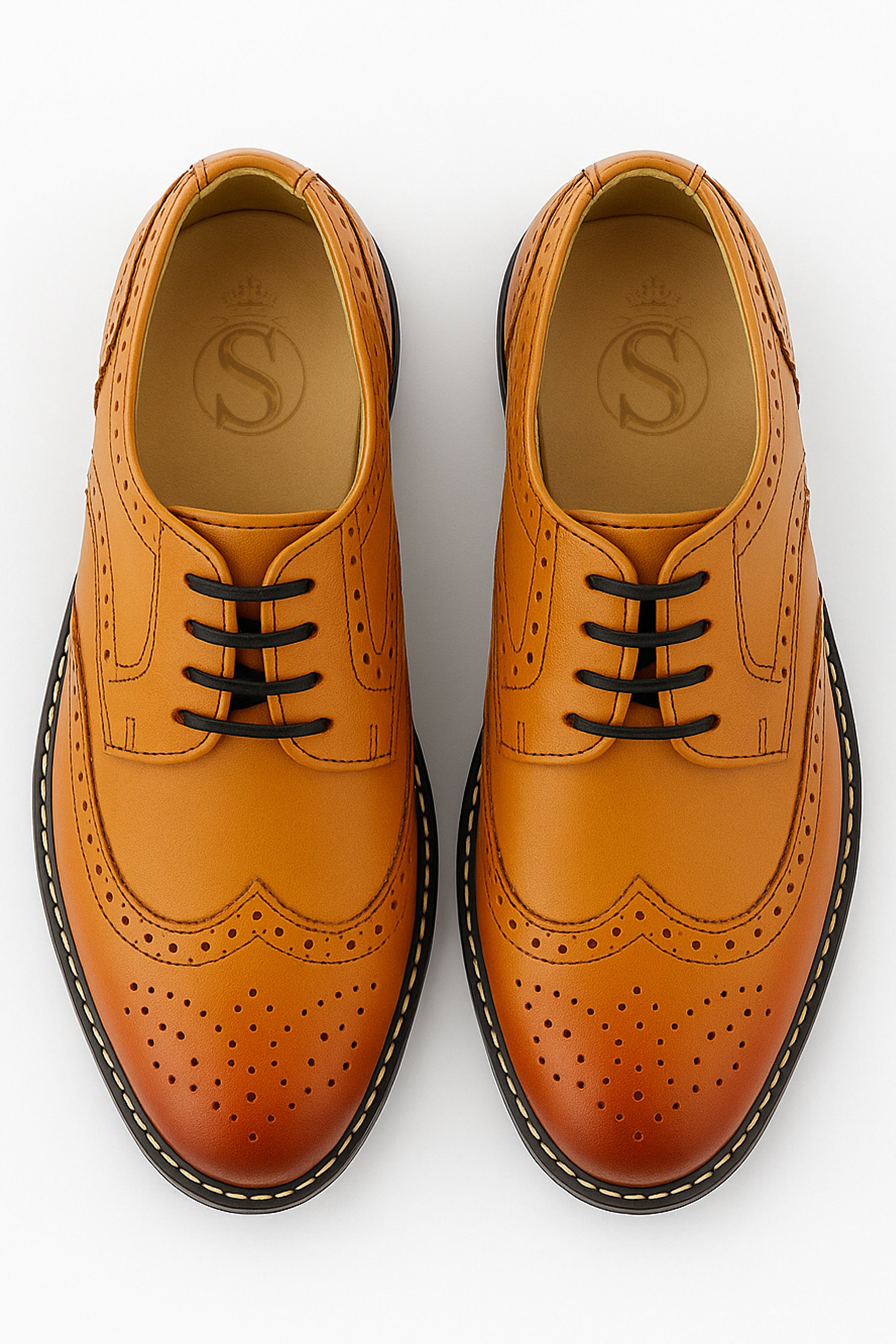 Men's Lace Up Leather Wingtip Brogue Shoes - Tan Brown Front Picture