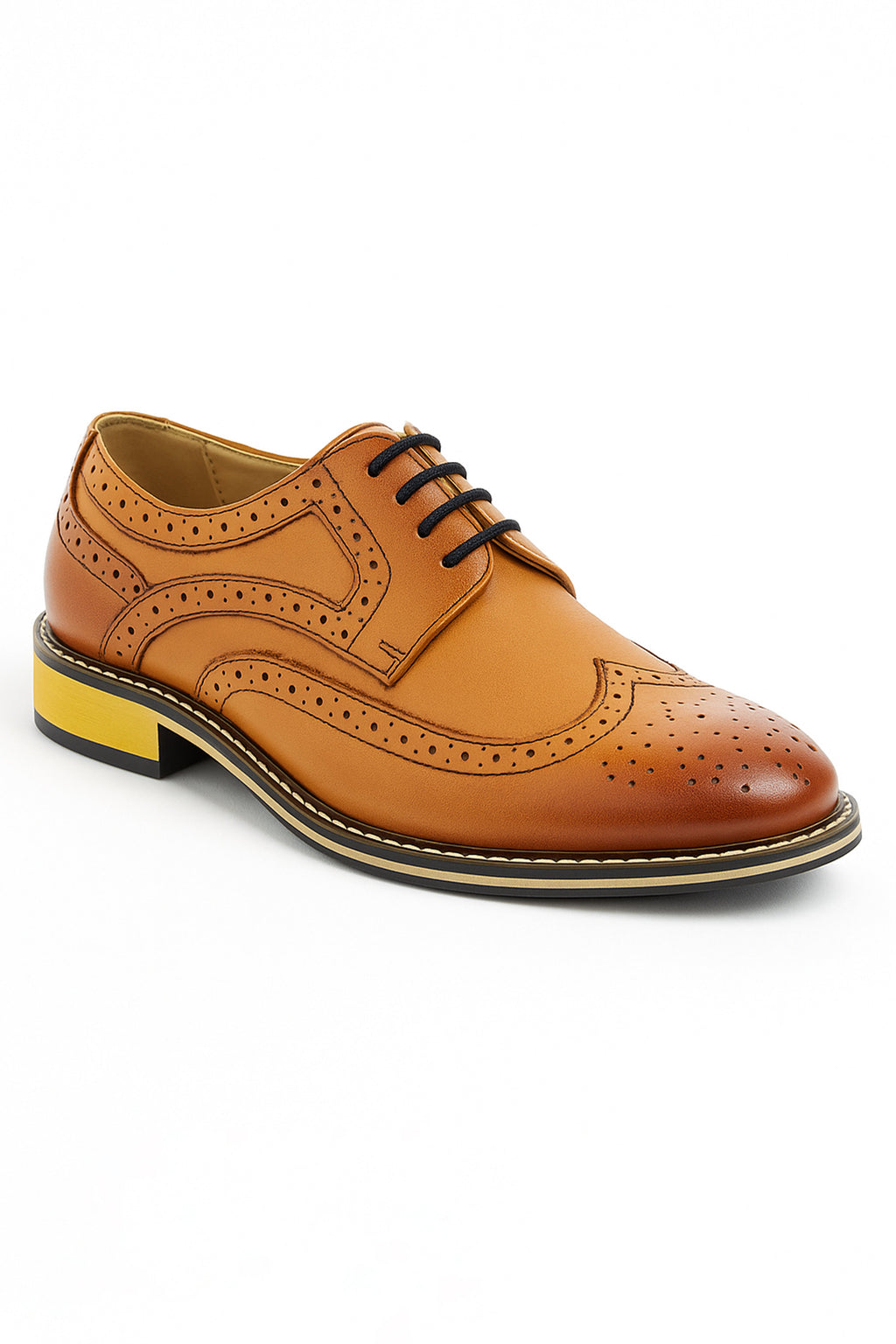 Men's tan brown lace-up leather wingtip brogue shoes.