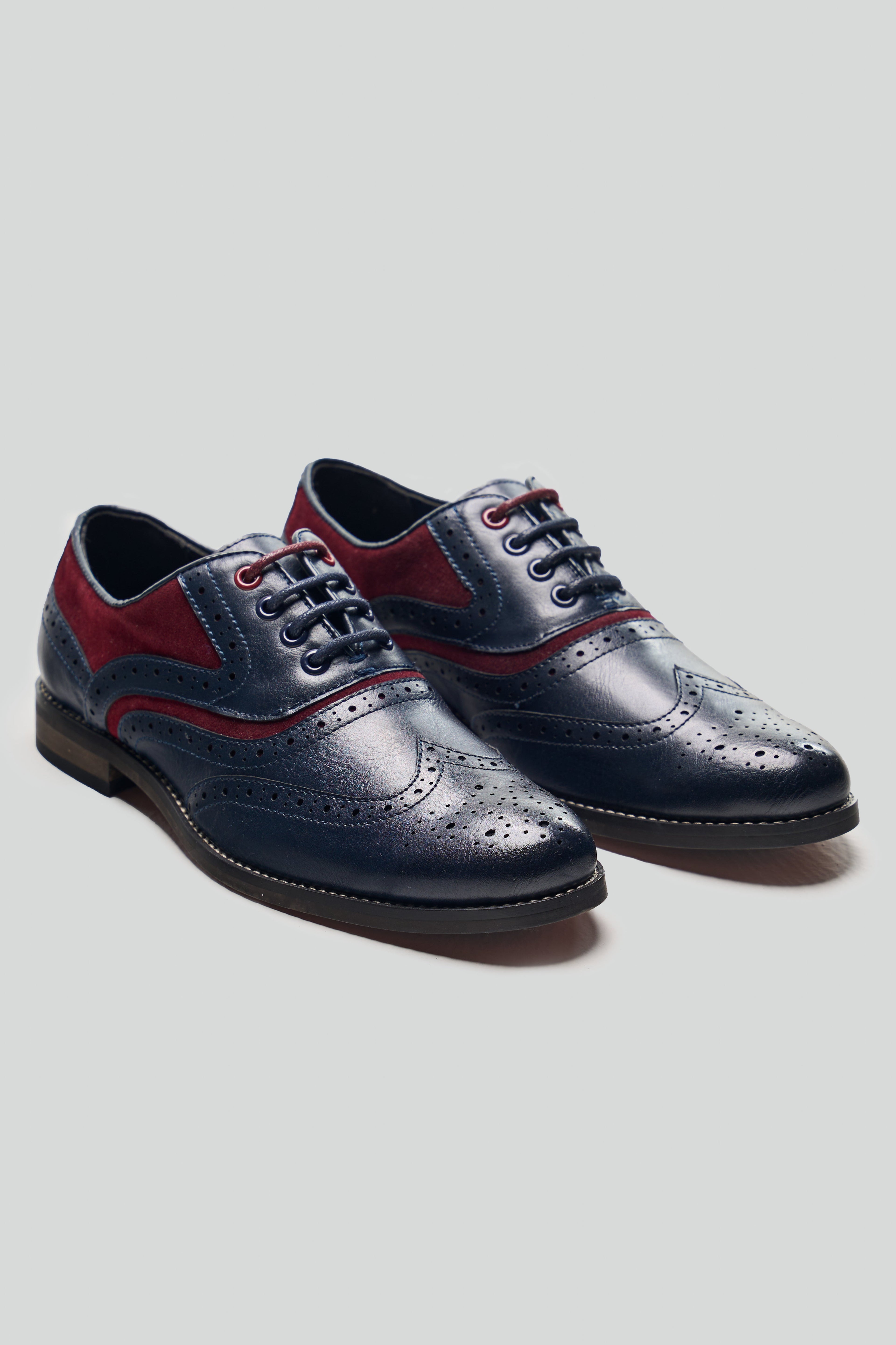 Men's Lace Up Oxford Brogue Dress Shoes - Russel - Navy Red Pair Side Picture