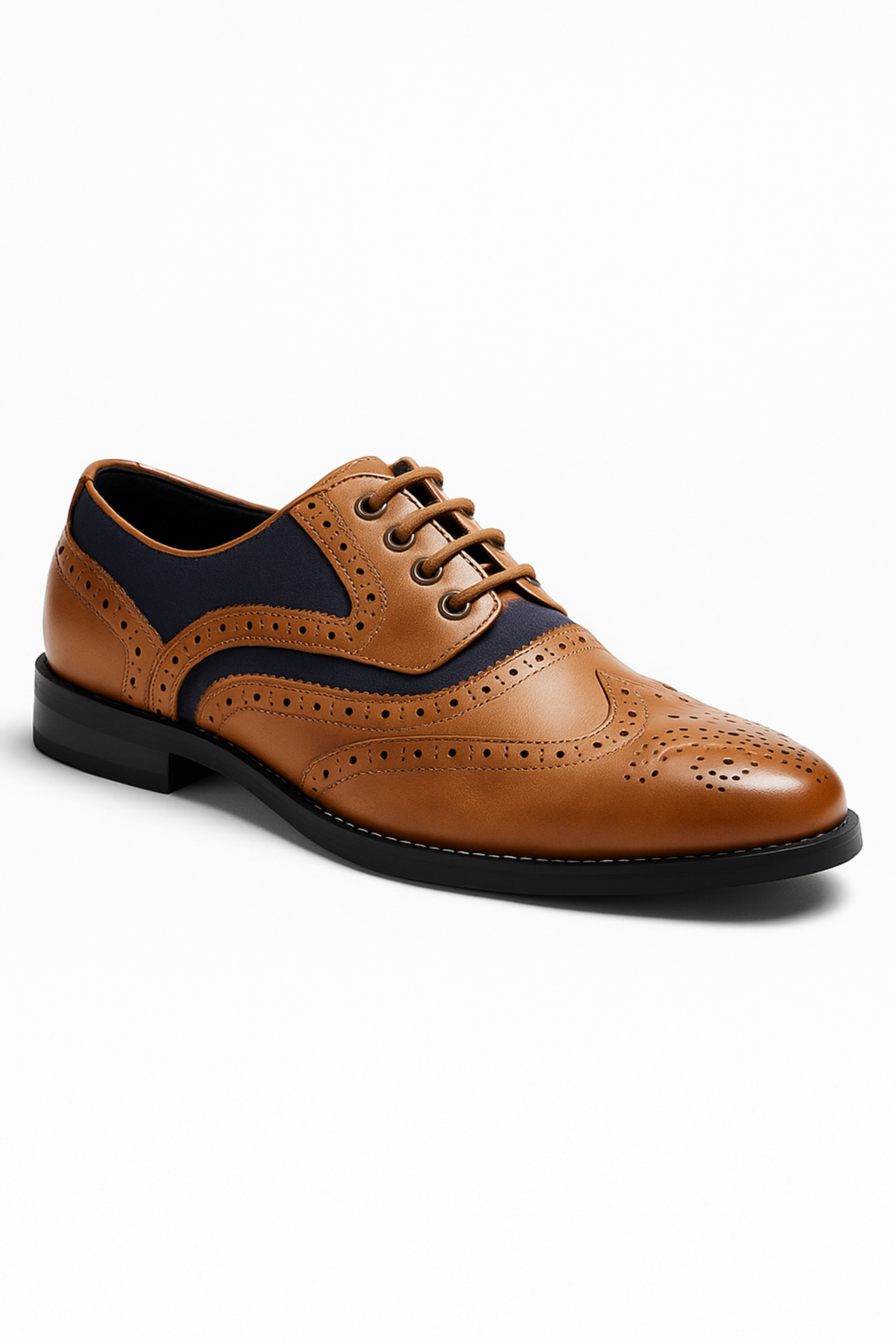 Men's tan and navy lace-up oxford brogue dress shoes, RUSSEL.