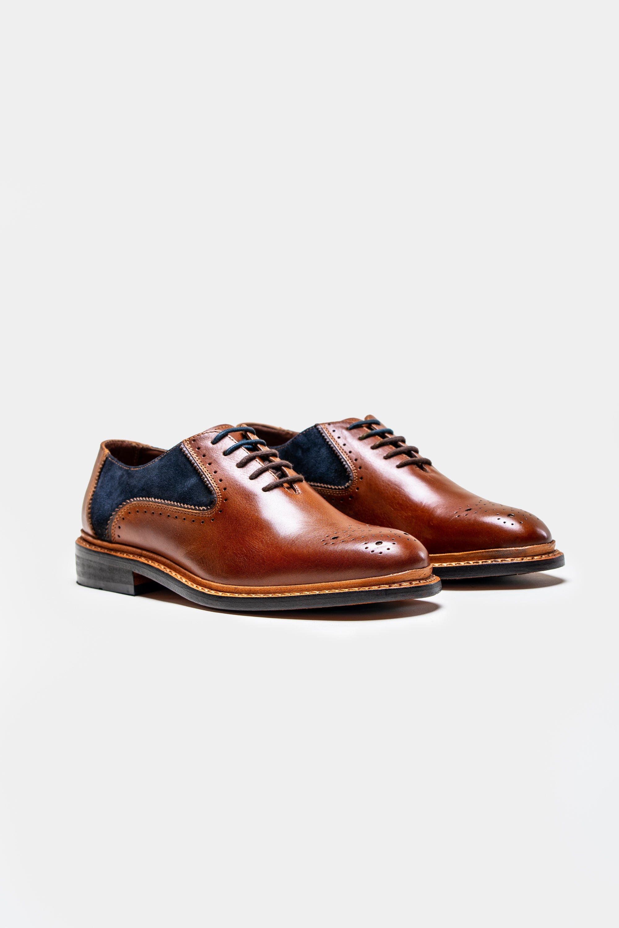 Men's tan and navy lace-up suede and leather dress shoes, BRENTWOOD.