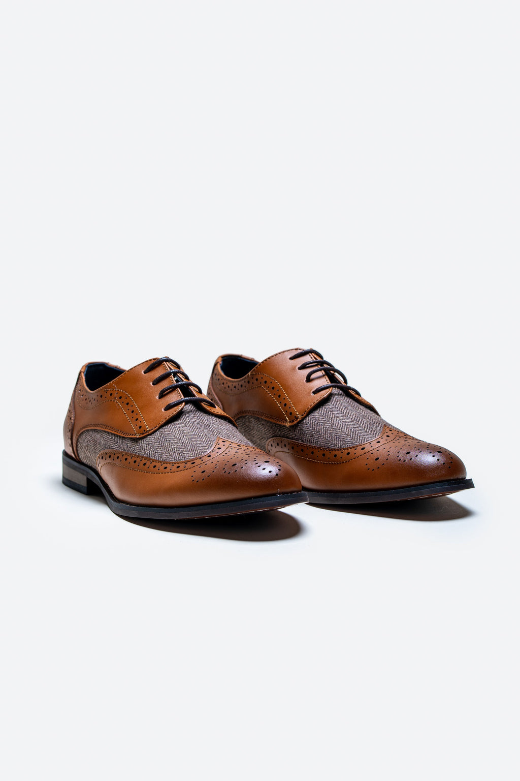 Men's tan brown leather tweed retro derby brogue shoes, OLIVER.