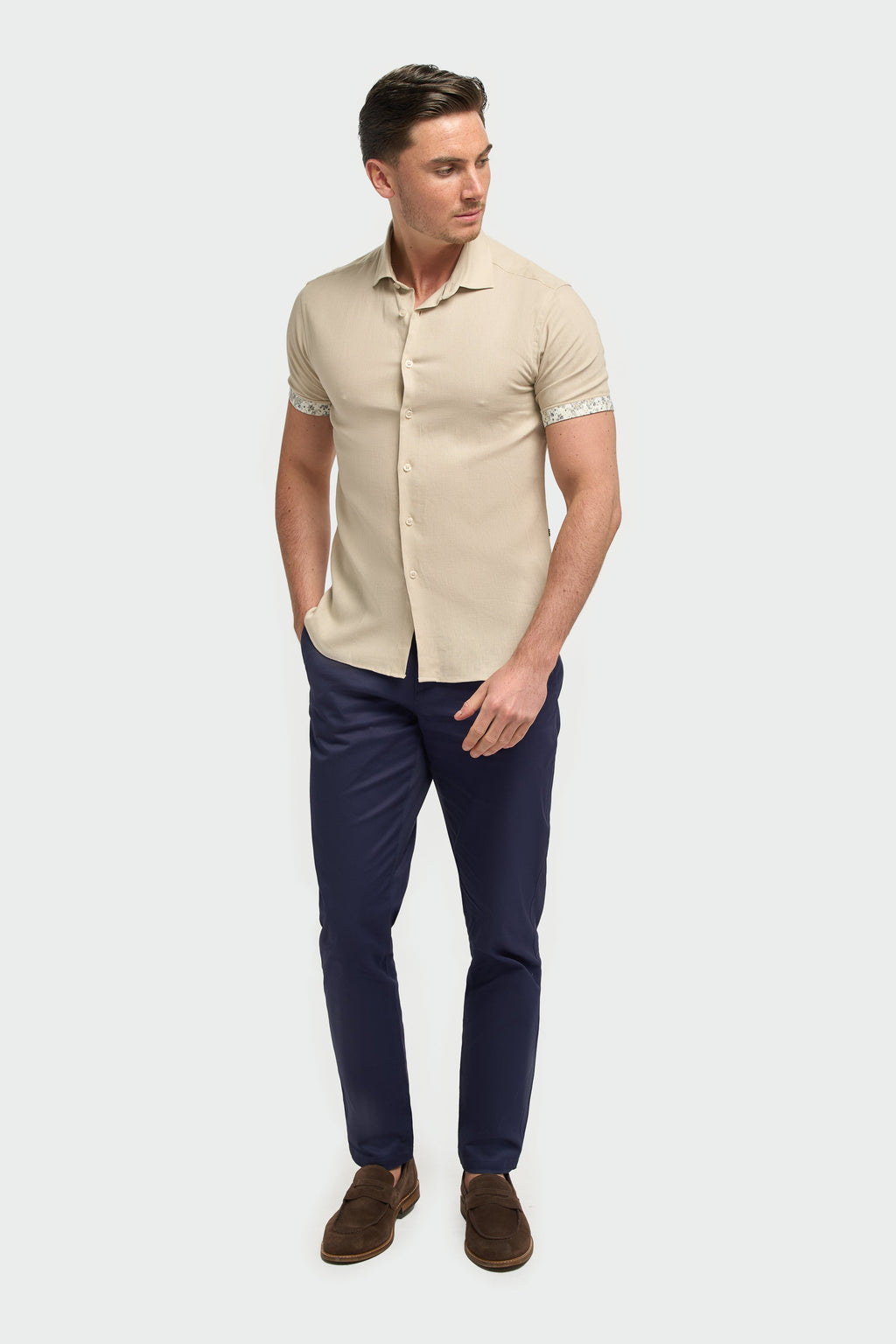 Men’s Linen Blend Short Sleeve Shirt with Cuff Trim - Matera - Taupe Model Front Picture