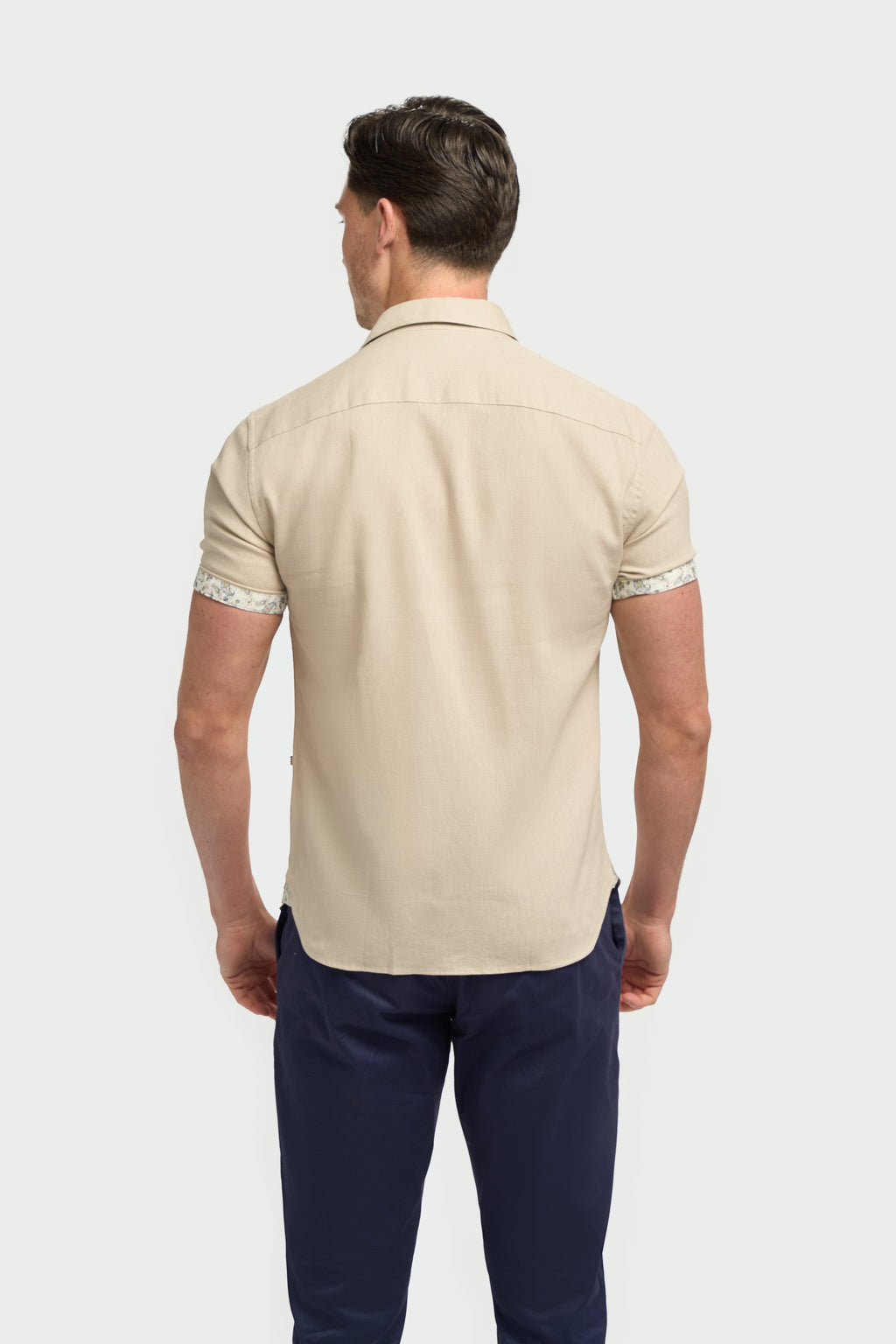 Men’s Linen Blend Short Sleeve Shirt with Cuff Trim - Matera - Taupe Back Picture