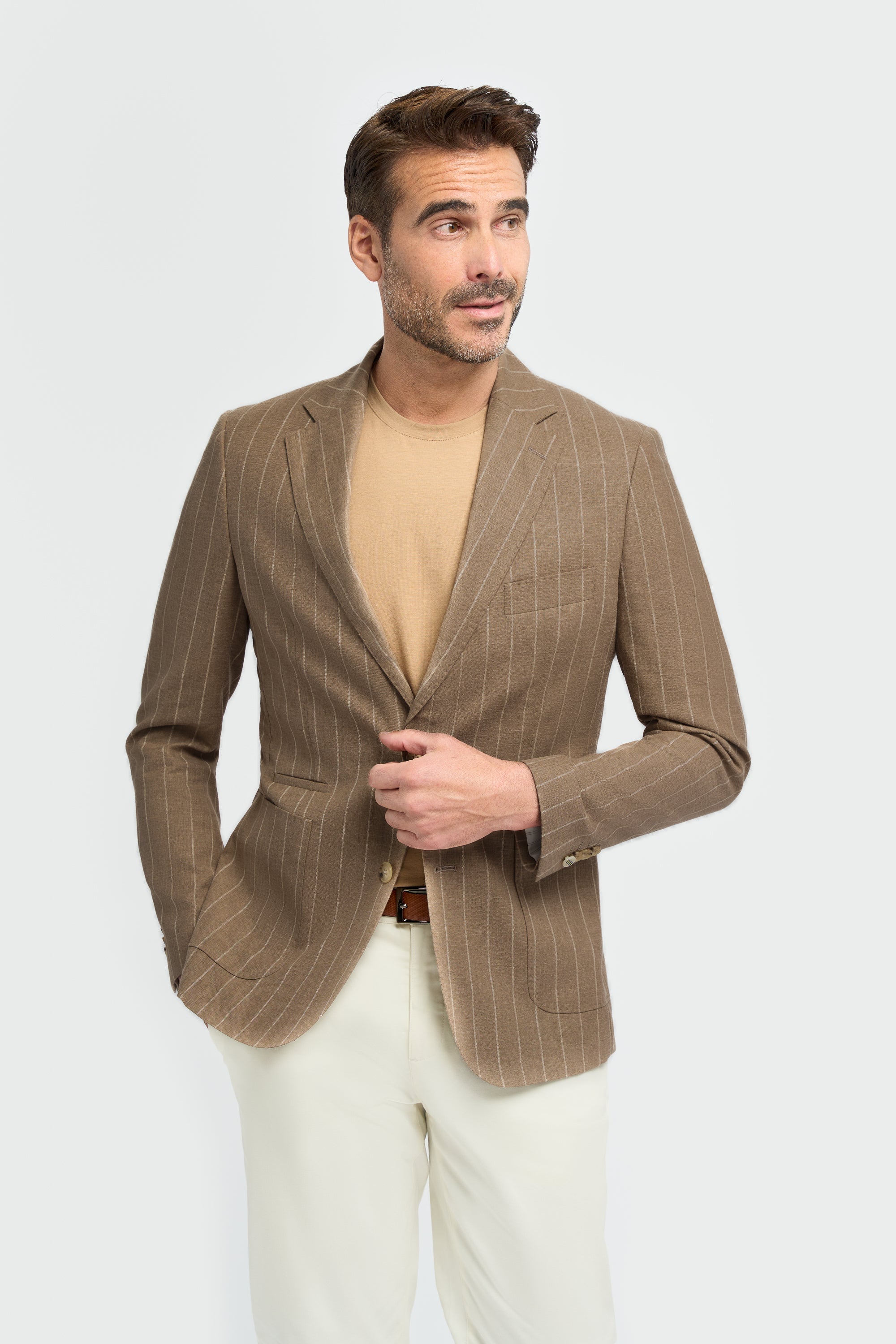 Image of men’s linen pinstripe slim fit blazer, smart casual jacket