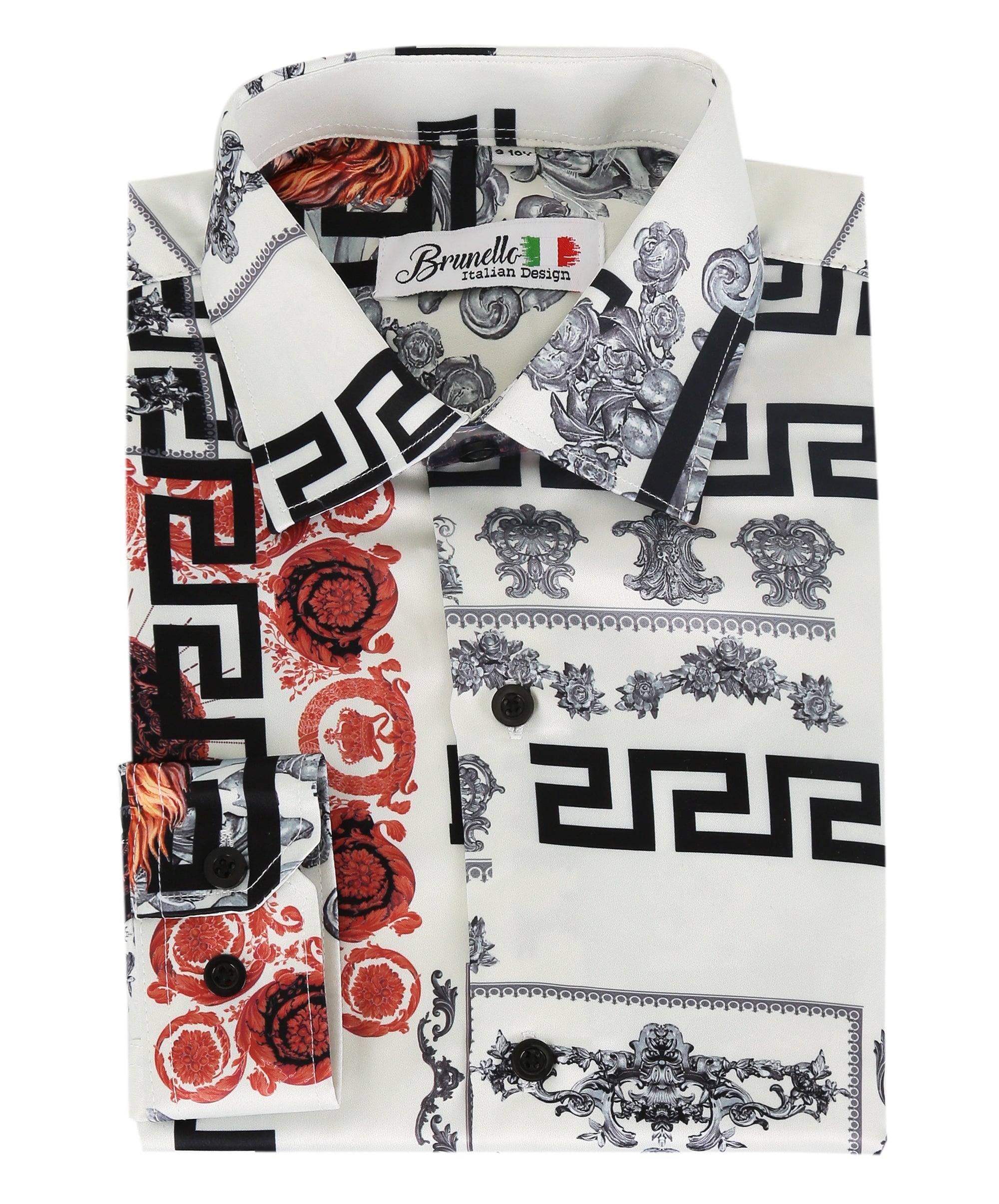 Men’s ivory black satin shirt slim fit printed long sleeve