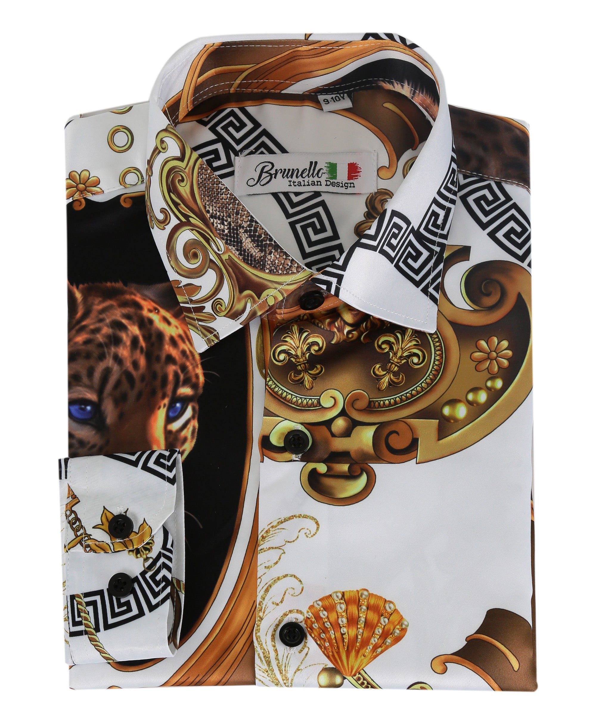Men’s white gold satin shirt slim fit printed long sleeve