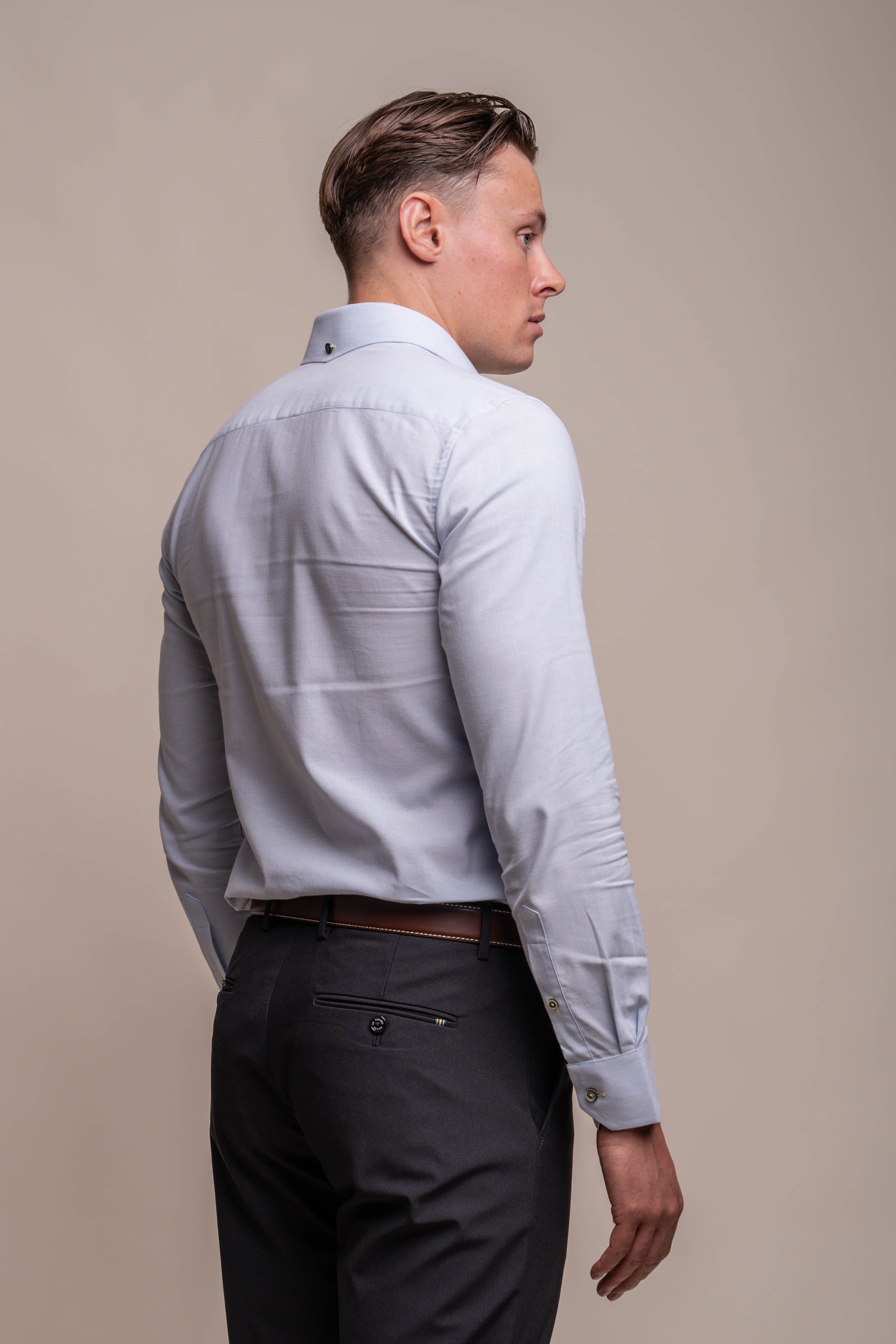Men's Long Sleeves Linen Shirt - JORDI - Sky Blue Model Back Picture