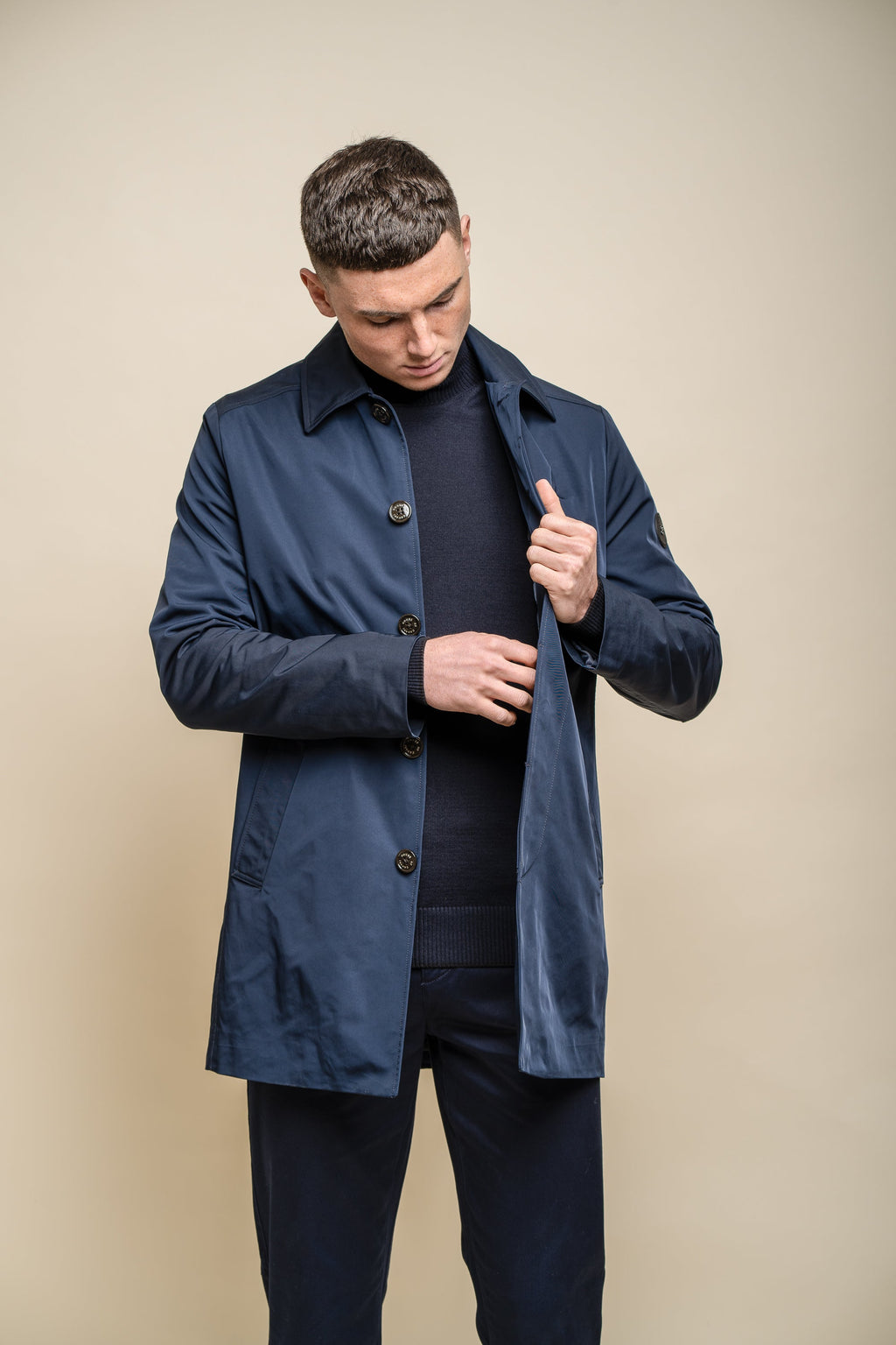 Men's Mi-Length Lightweight Casual Coat - BARRACUDA - Navy Blue Model Front Picture