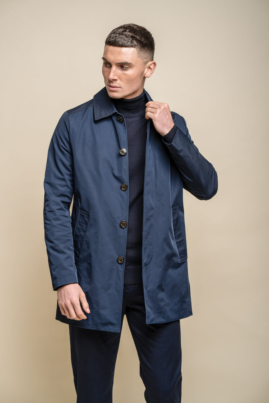 Men’s Mi-Length lightweight casual coat in navy blue, BARRACUDA.