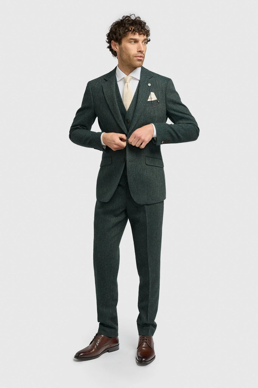 Men’s Olive Green 3 Piece Wool Herringbone Tweed Suit Thomas Front Picture