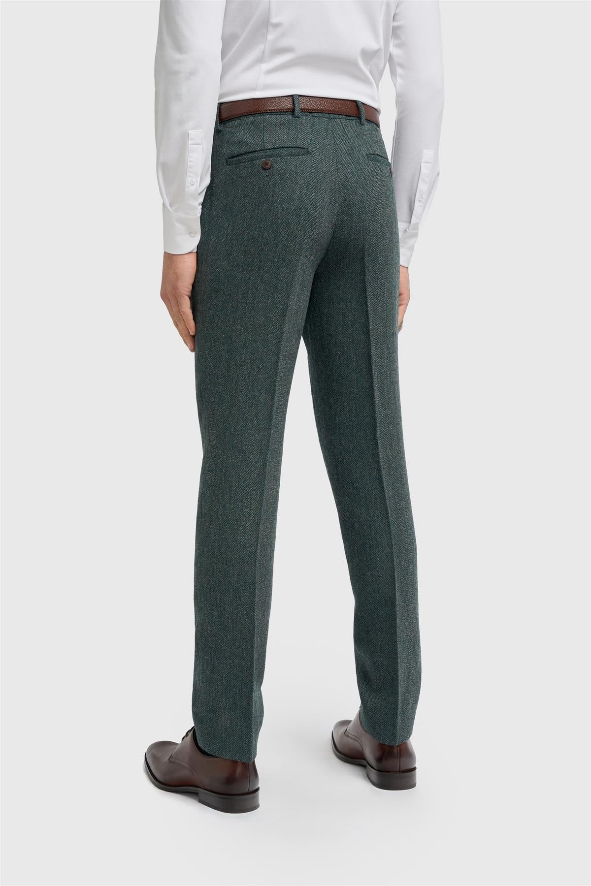 Men’s Olive Green 3 Piece Wool Herringbone Tweed Suit Thomas Trousers Back Picture