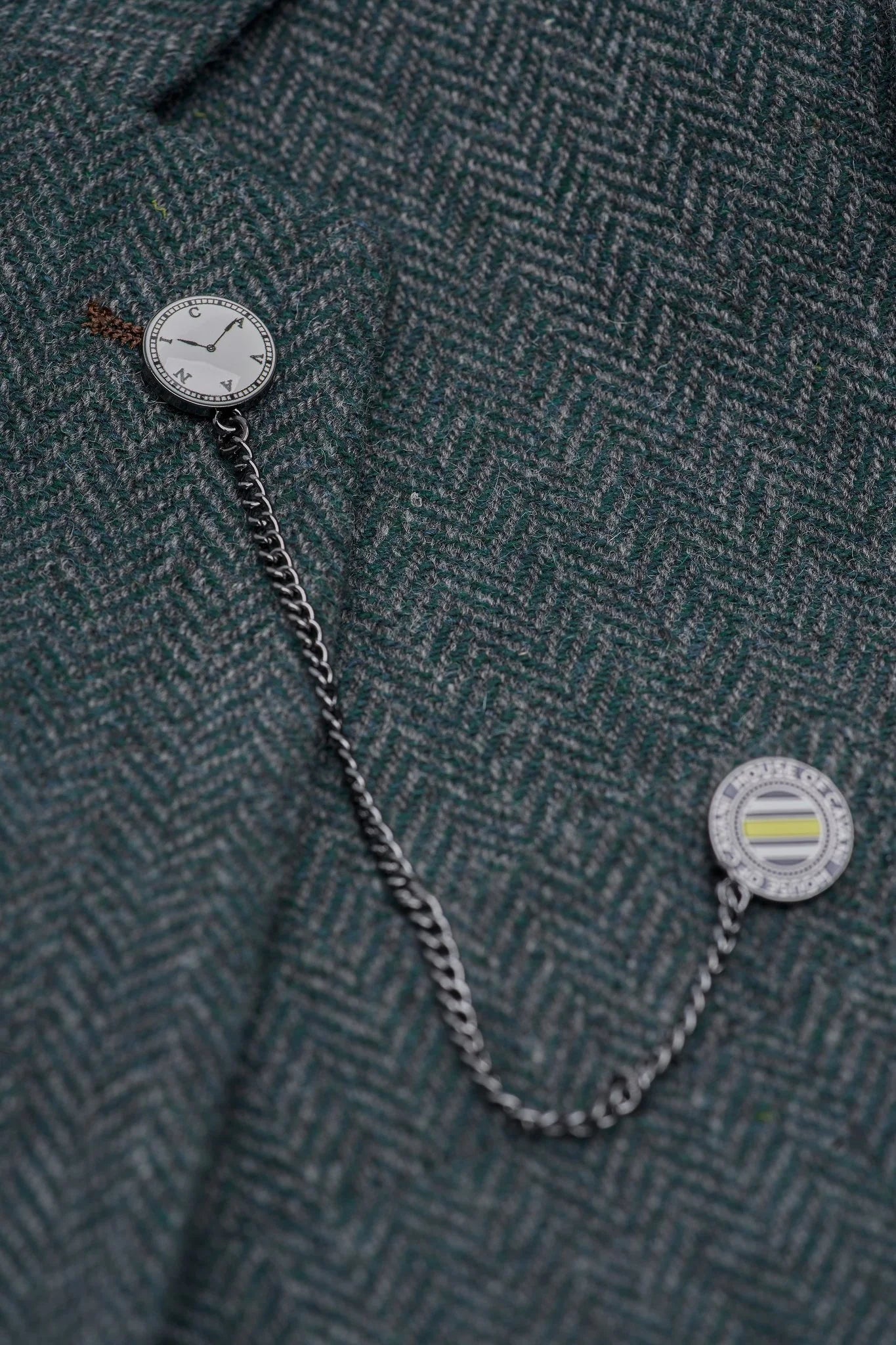 Men’s Olive Green 3 Piece Wool Herringbone Tweed Suit Thomas Chain Picture