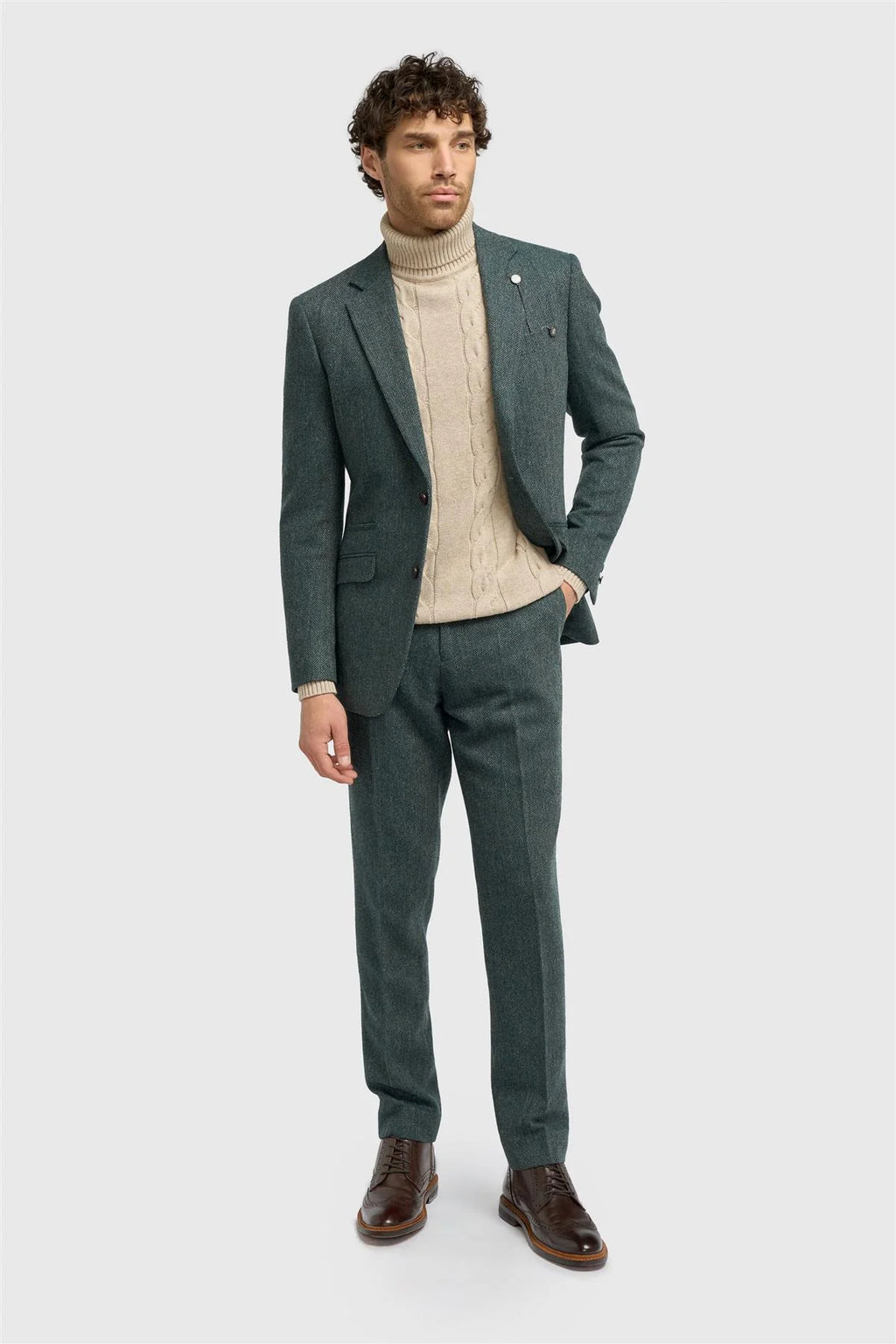 Men’s Olive Green Herringbone Wool Tweed Suit Jacket Thomas Front Picture