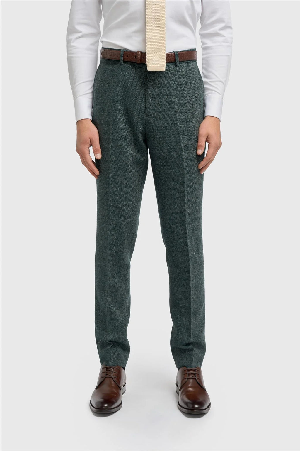 Men’s Olive Green Herringbone Wool Tweed Trousers Thomas Front Picture