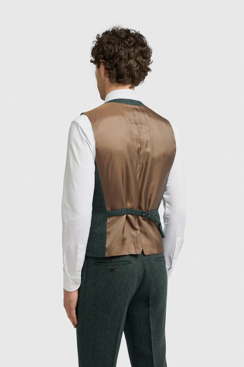 Men’s Olive Green Herringbone Wool Tweed Waistcoat Thomas Back Picture